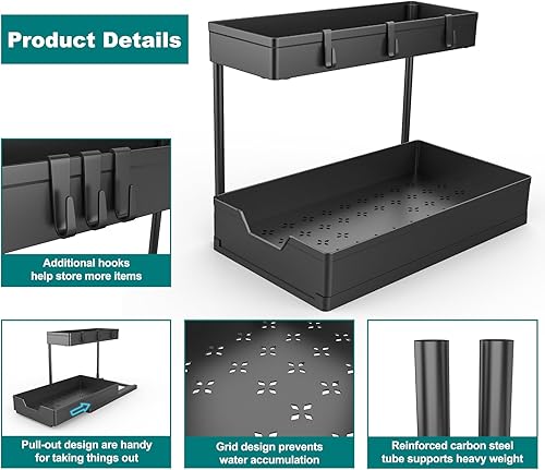 Miniatura 4 de NATURES SOURCE Organizador de 2 niveles para debajo del fregadero paquete de 2 estantes deslizantes en forma de L debajo del gabinete del baño
