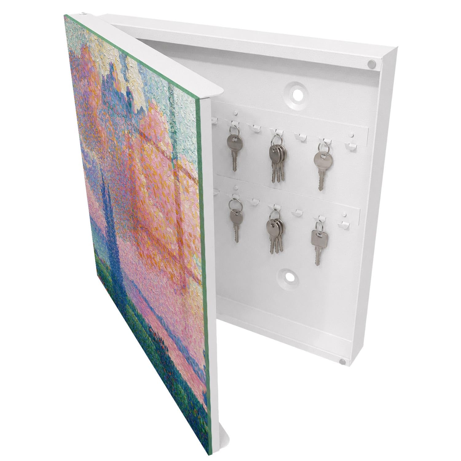 Armadietto Portachiavi 30x30 cm | Bianco | A Sinistra | Montaggio a Parete | Natura colorata | in Metallo | Frontale Decorativo in Vetro Temperato | per Uffici | Tasselli e Viti Inclusi