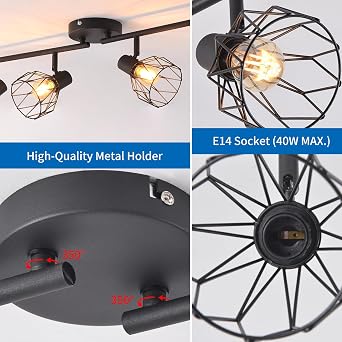 ANWIO Kitchen Lights Ceiling,4 Way Black Lounge Industrial Wall Lights-Adjustable SpotLights Ceiling Lights Wire Cage with E14 Base, Light Fittings Ceilings for Kitchen Living Room(NO Bulbs) [Energy Class A]