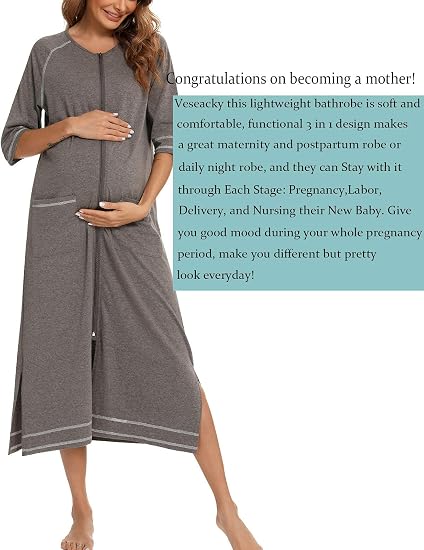 Veseacky Women's Zip Front Robe - 3/4 Sleeve Lounge Dress House Coat With Pockets, Lightweight & Comfy