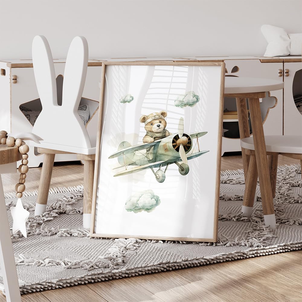 3 Laminas Oso 30X40CM Cuadros Infantiles Para Habitacion Niño Aerostático Verde Poster Bebe Lienzo Animales Infantiles Laminas Habitacion Bebe Animales Cuadros de Oso Poster Niños sin Marco