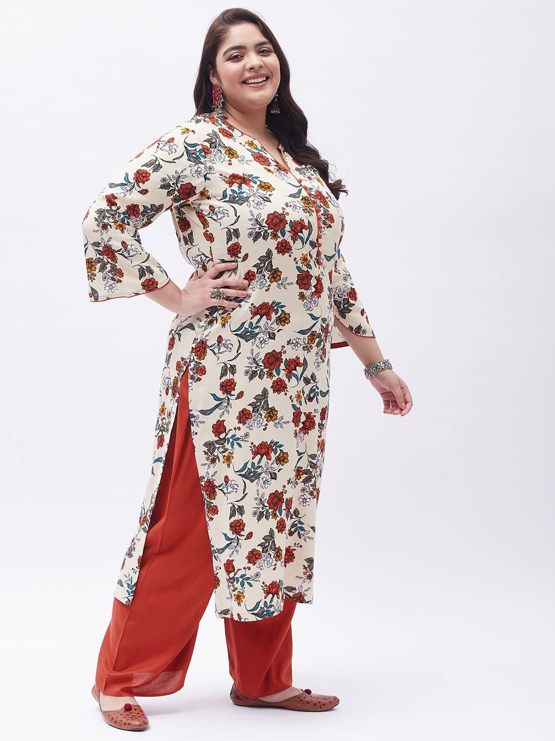 Tissu Women's Plus Size Cream & Orange Printed Kurta With Palazzo (T-Plus-634_Cream_3Xl)