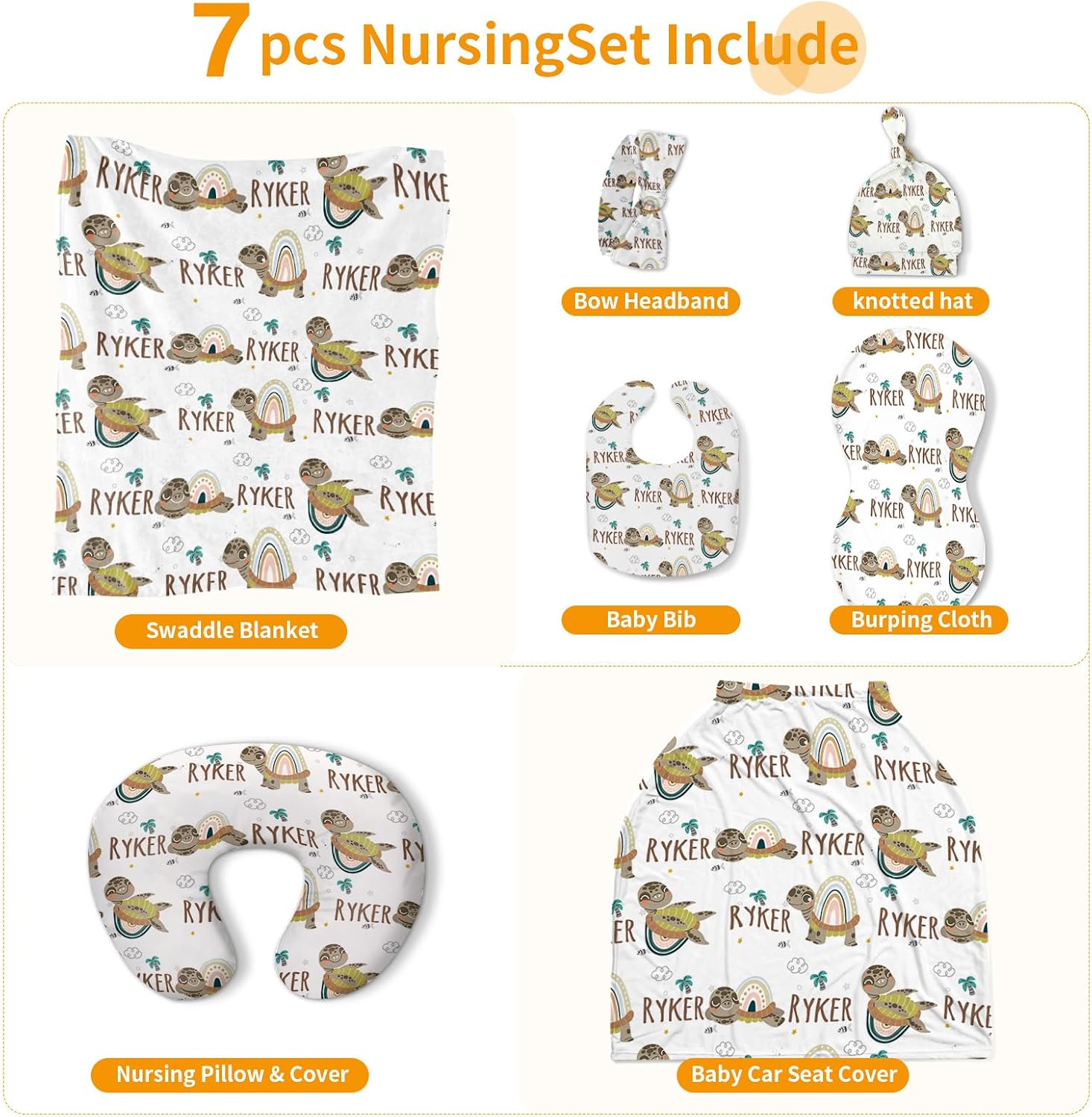 Custom Baby Nursing Swaddling Set: Personalized Custom Name Turtle Swaddle Blanket Car Seat Cover Bow Headband Hat Nursing Pillow for Infant Girl Boy Ocean Animal Pattern(Fixed Size)