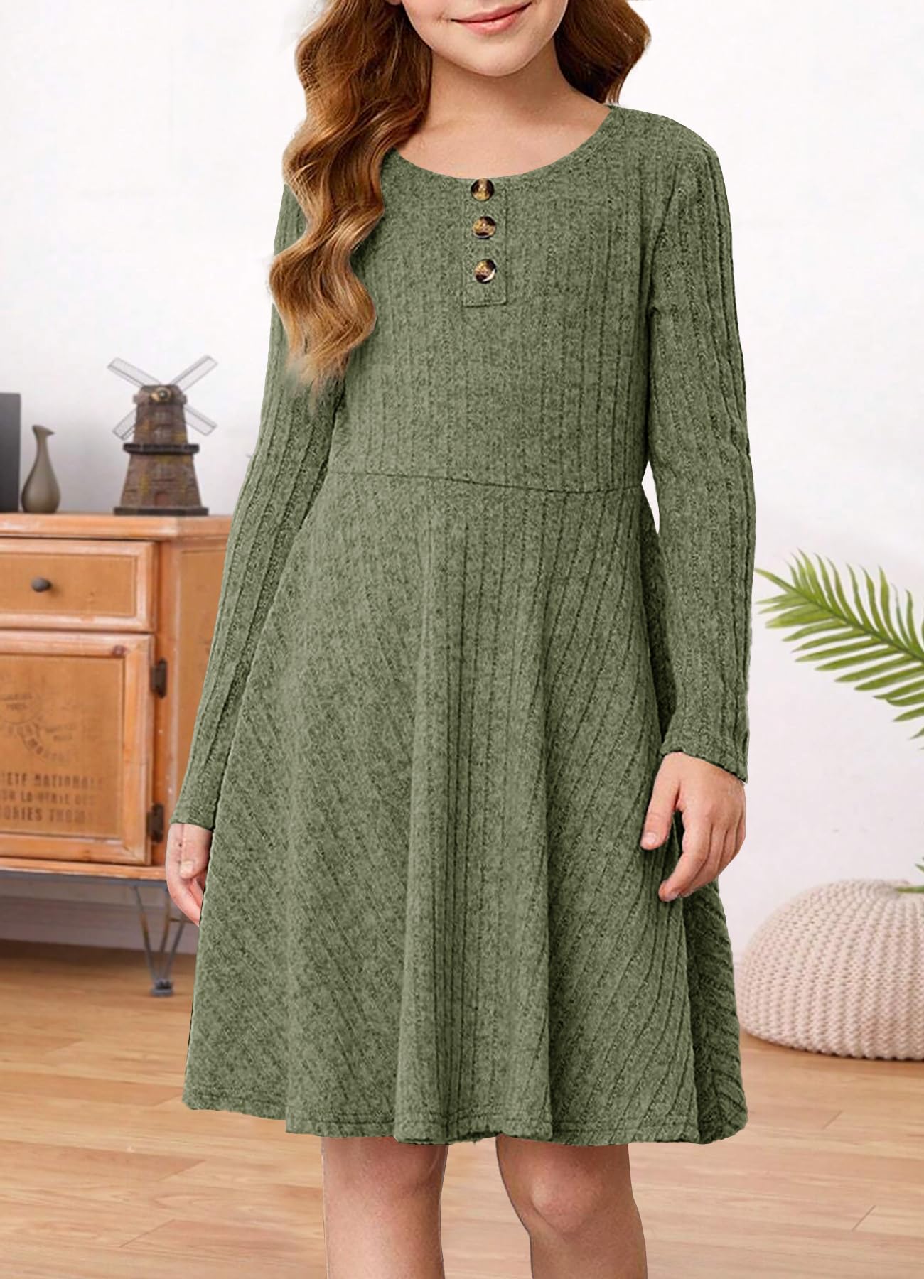 YOVION Vestido de otoño de manga larga con cuello redondo y botones, casual, acampanado, de punto acanalado, con bolsillos, para niñas de 6 a 12 años