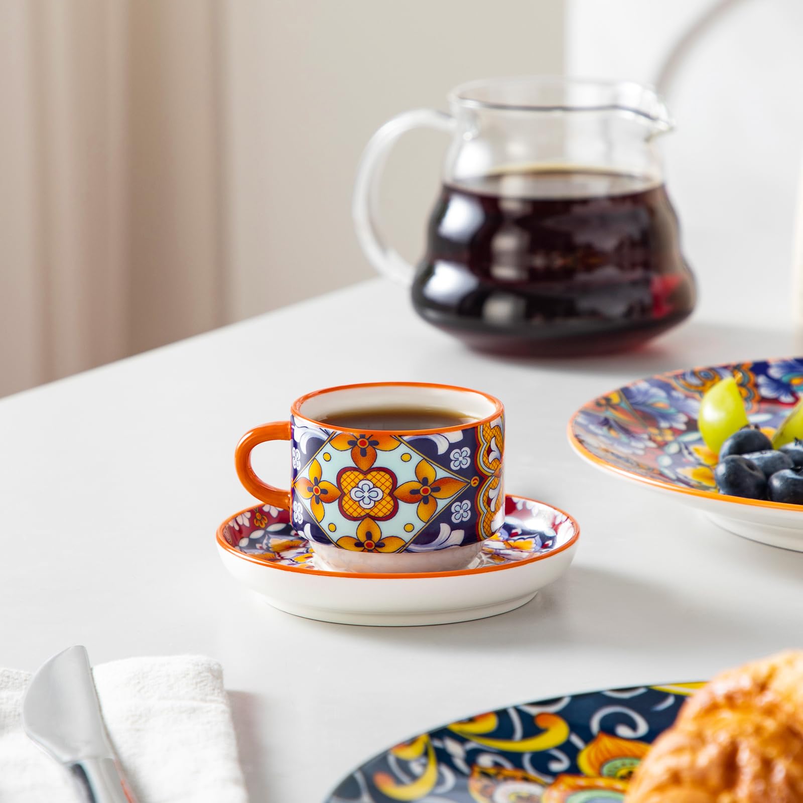 vancasso SIMI Juego de 8 Tazas de Café y Platillos (90 ml) - Tazas Cafe de Cerámica para 4 Personas, para Leche, Expresso y Capuchino - con Soporte de Metal - Estilo Bohème - Lavavajillas