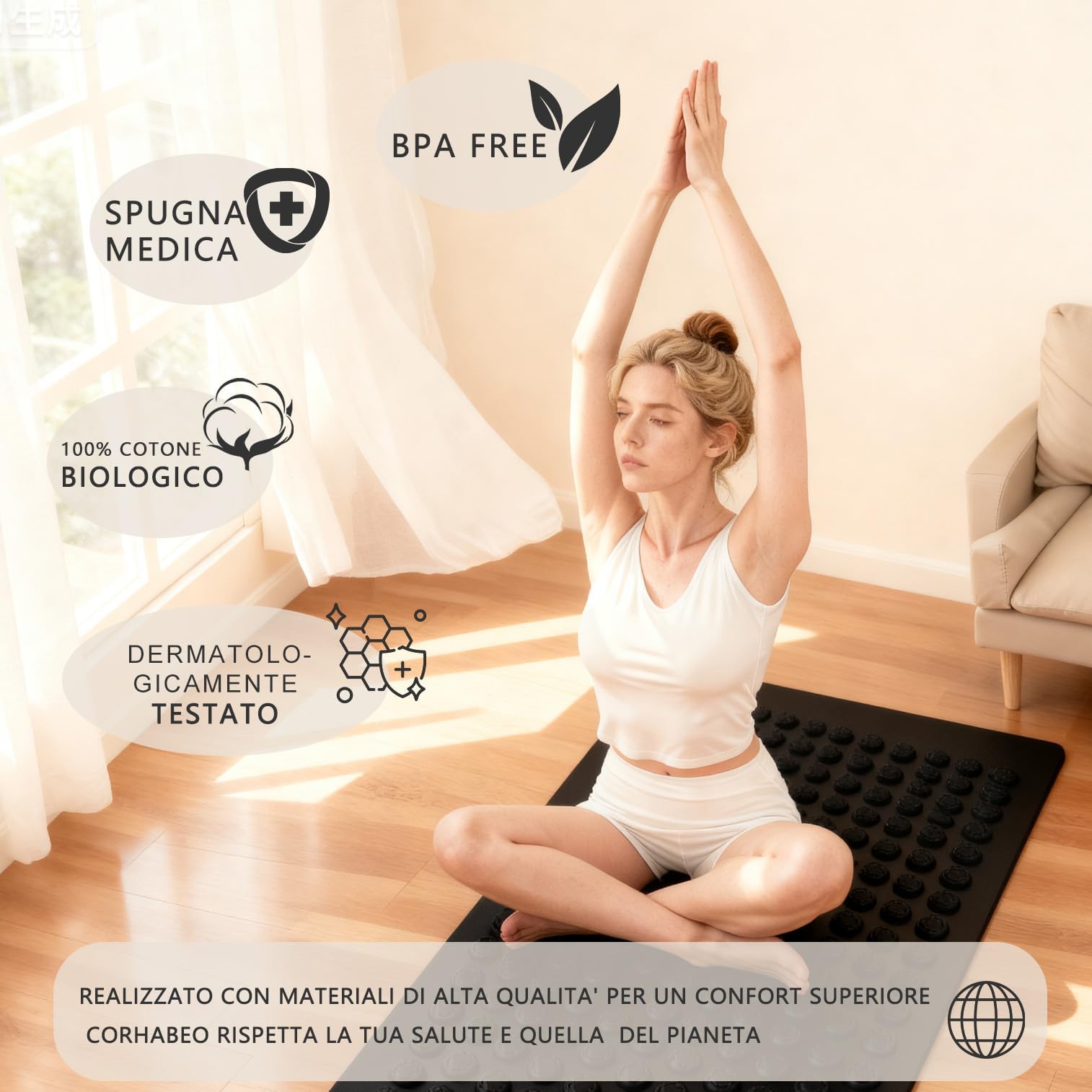 Corhabeo Tappetino Agopressione Fitness Pieghevole che Diventa Borsa a Tracolla con Guida Ebook QR Code - Aghi Fiore di Loto, Tappeto Massaggiante Corpo, Relax Mal di Schiena, 100% Cotone Biologico