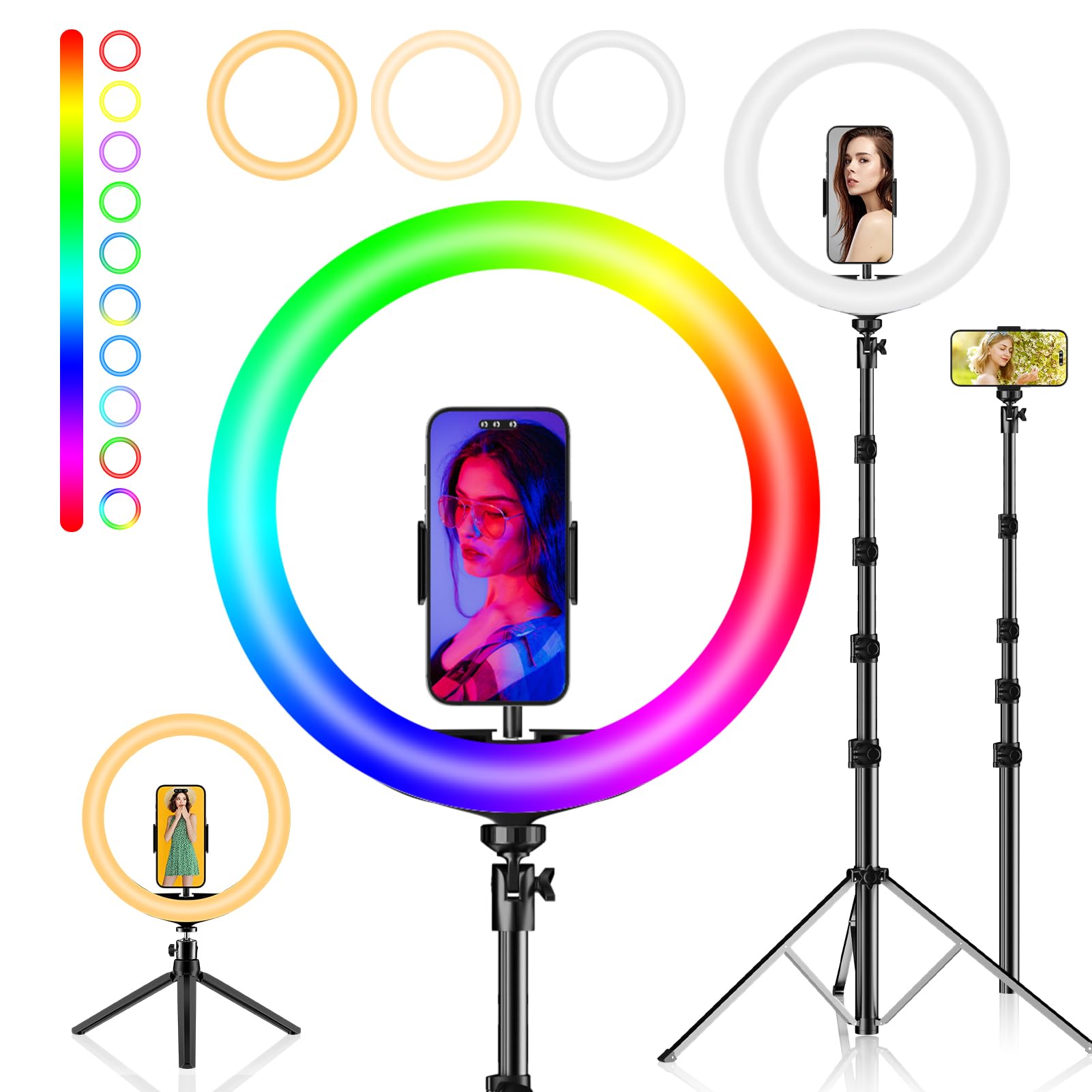 Grand Anneau Lumineux 18 Pouces 165 Cm Trépied – 6500K, 3 Couleurs, 10 Niveaux, Idéal TikTok, YouTube & Selfies