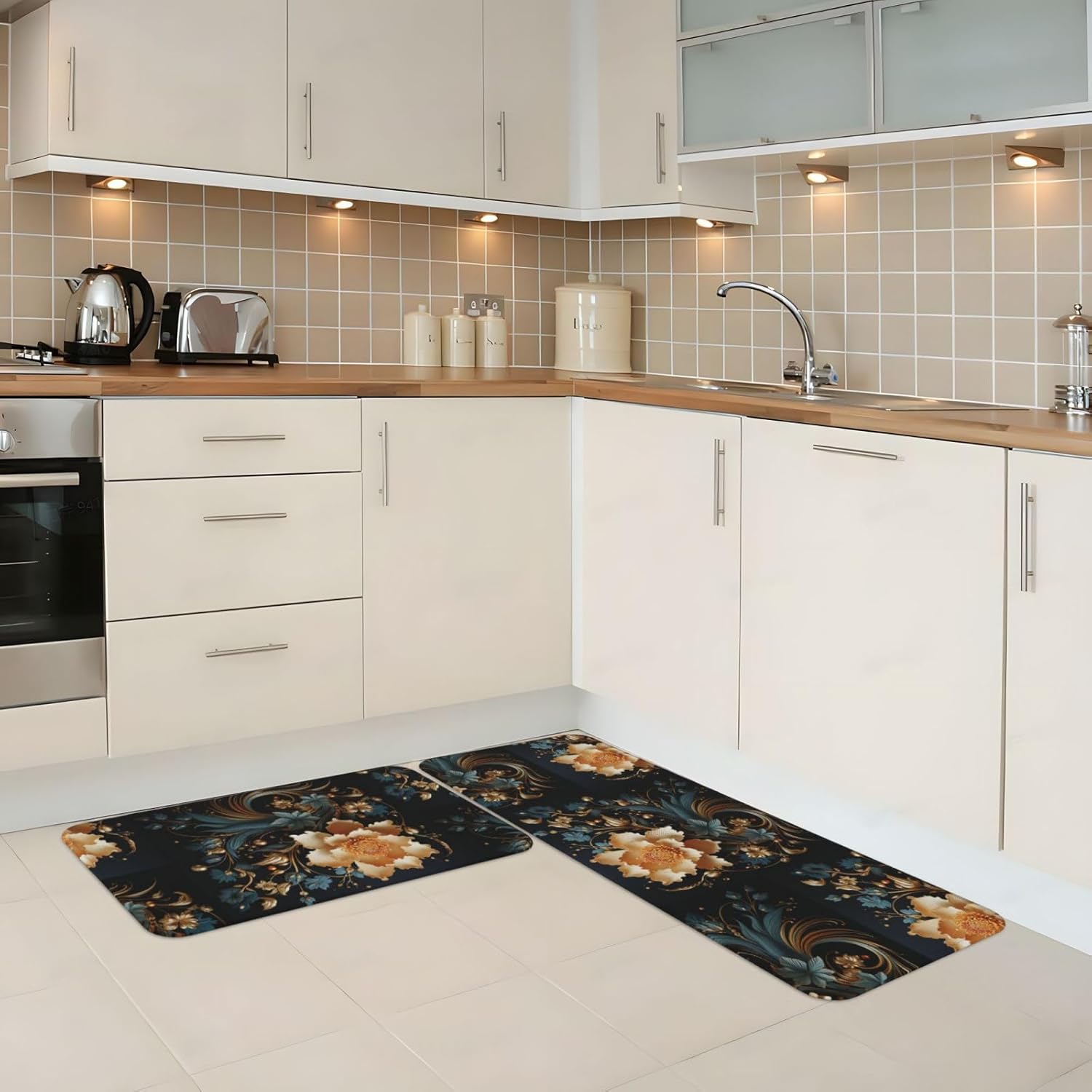 Gold Flowers on Black Kitchen Rugs Set of 2, Cushioned Anti-Fatigue Kitchen Mats for Floor, Waterproof Comfort Standing Mat Absorbent Velvet Kitchen Runner Rugs 17"x30"+17"x47"