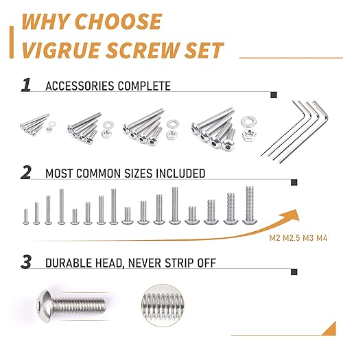 Miniatura 2 de VIGRUE Juego de 820 tornillos de cabeza de botón M4 M3 M2.5 M2, tornillos, tuercas, arandelas, kit surtido de tornillos métricos de acero inoxidable