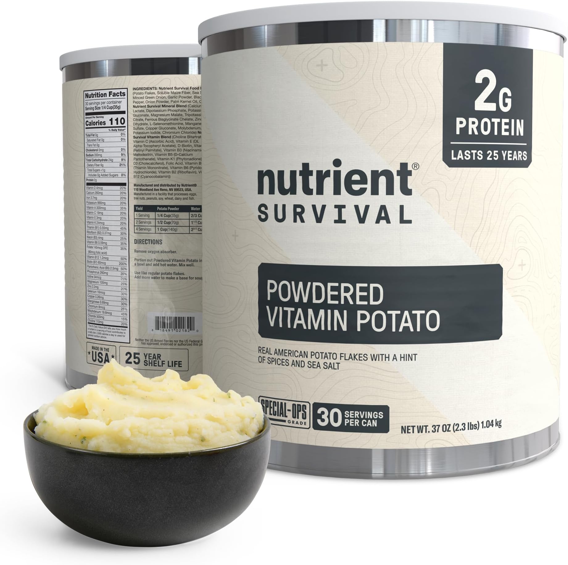 Nutrient Survival Potato Flakes, Powdered Vitamin Potato (30 Servings) for Mashed Potatoes, Soups, Emergency Food Supply & Camping Supplies, 38 Nutrients, Shelf Stable Up to 25 Years, One Can