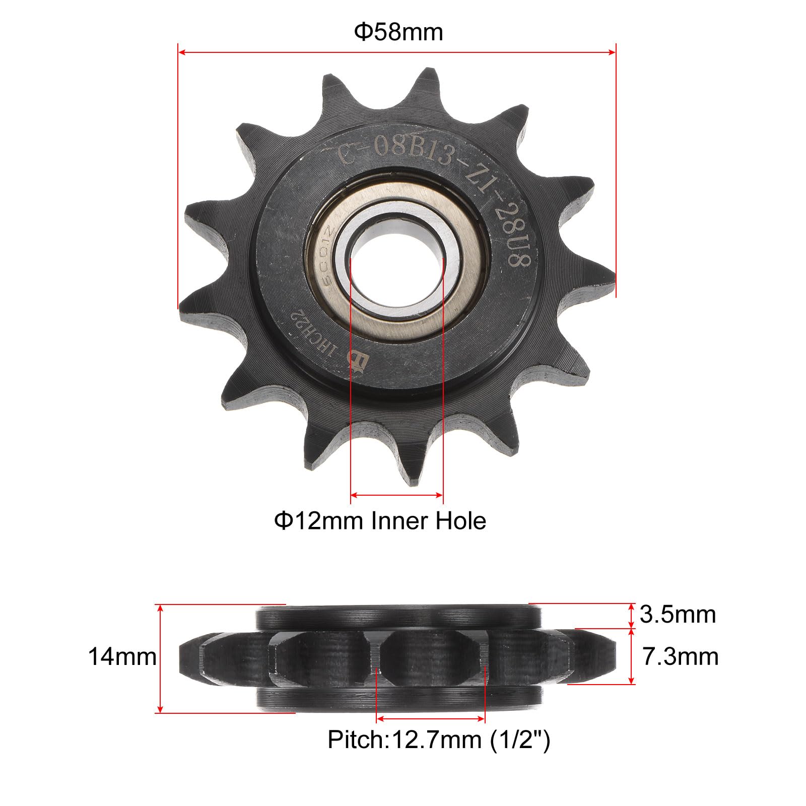 QUARKZMAN 2Pcs Pignon de Renvoi de Chaîne à Rouleaux DIN(ISO) 08B, Alésage de 12 mm, Pas de 1/2", Denture Trempée de 13 Dents, Roulement à Billes Simple (Type B) Inséré