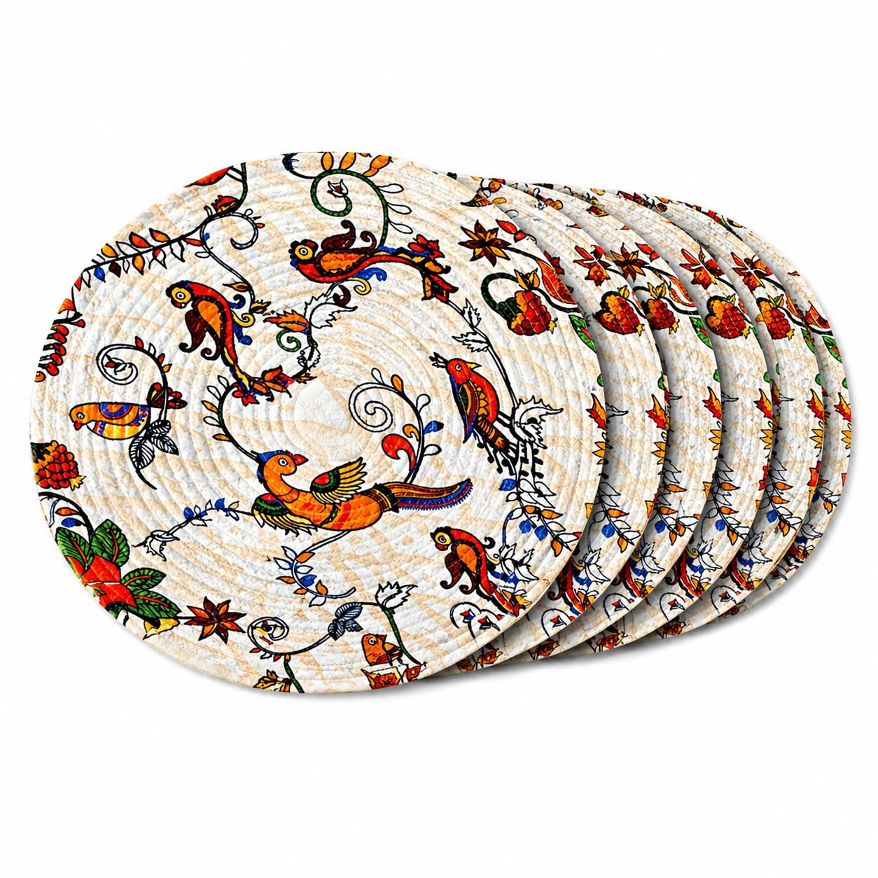 Zimittory Premium Round Cotton Dining Table Mats Set of 6 | Washable Heat Resistant Food Mat | Circular Dining Table Hot Plate Mats & Coaster for Hot Utensil (14-inch, Printed Boho Quilt/Beige)-image-36