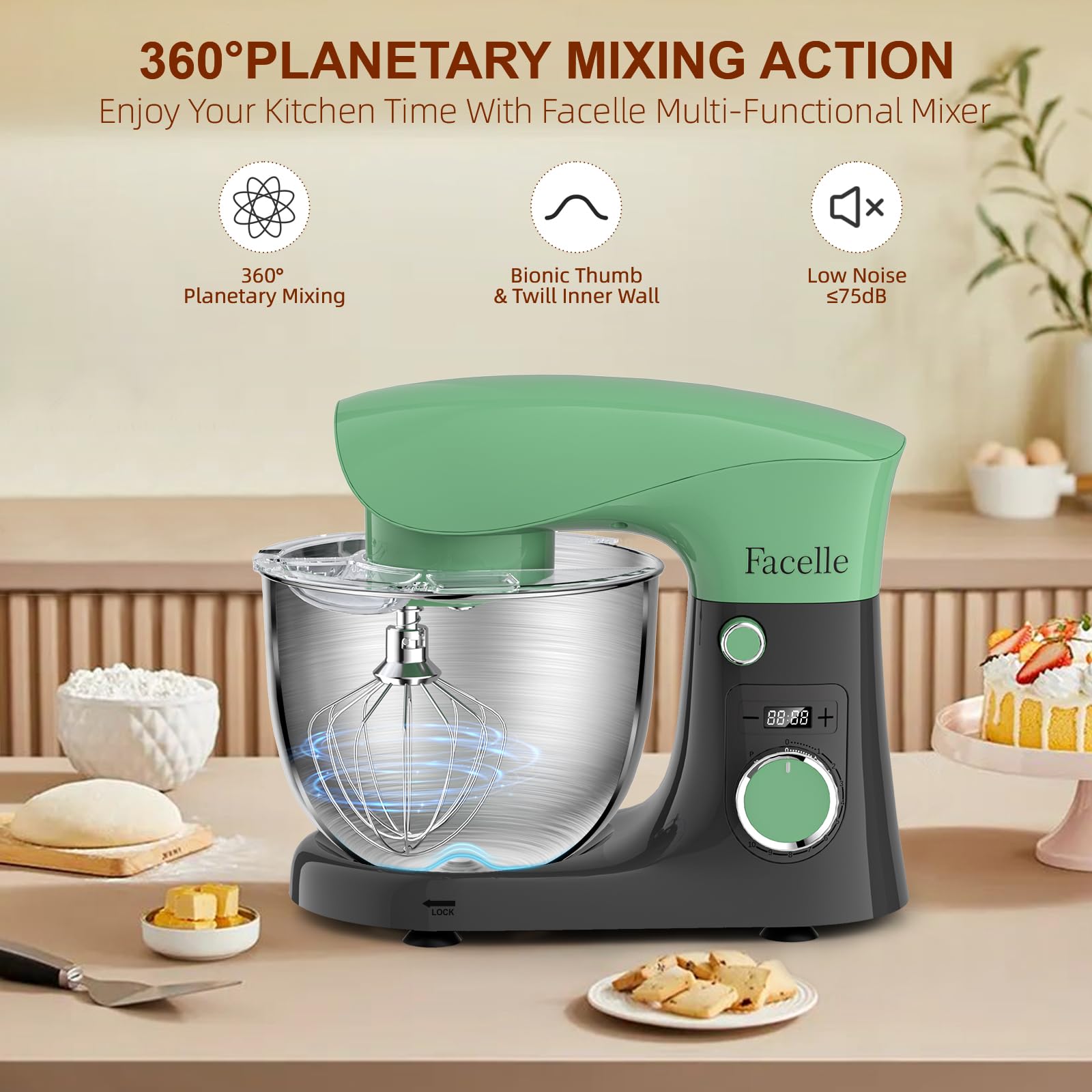 Küchenmaschine Knetmaschine 1500W | Facelle 5,5L &4,5L Teigmaschine Rührmaschine | Geräuscharm| 10+P Teigknetmaschine mit Rührhaken, Knethaken, Schneebesen und Spritzschutz