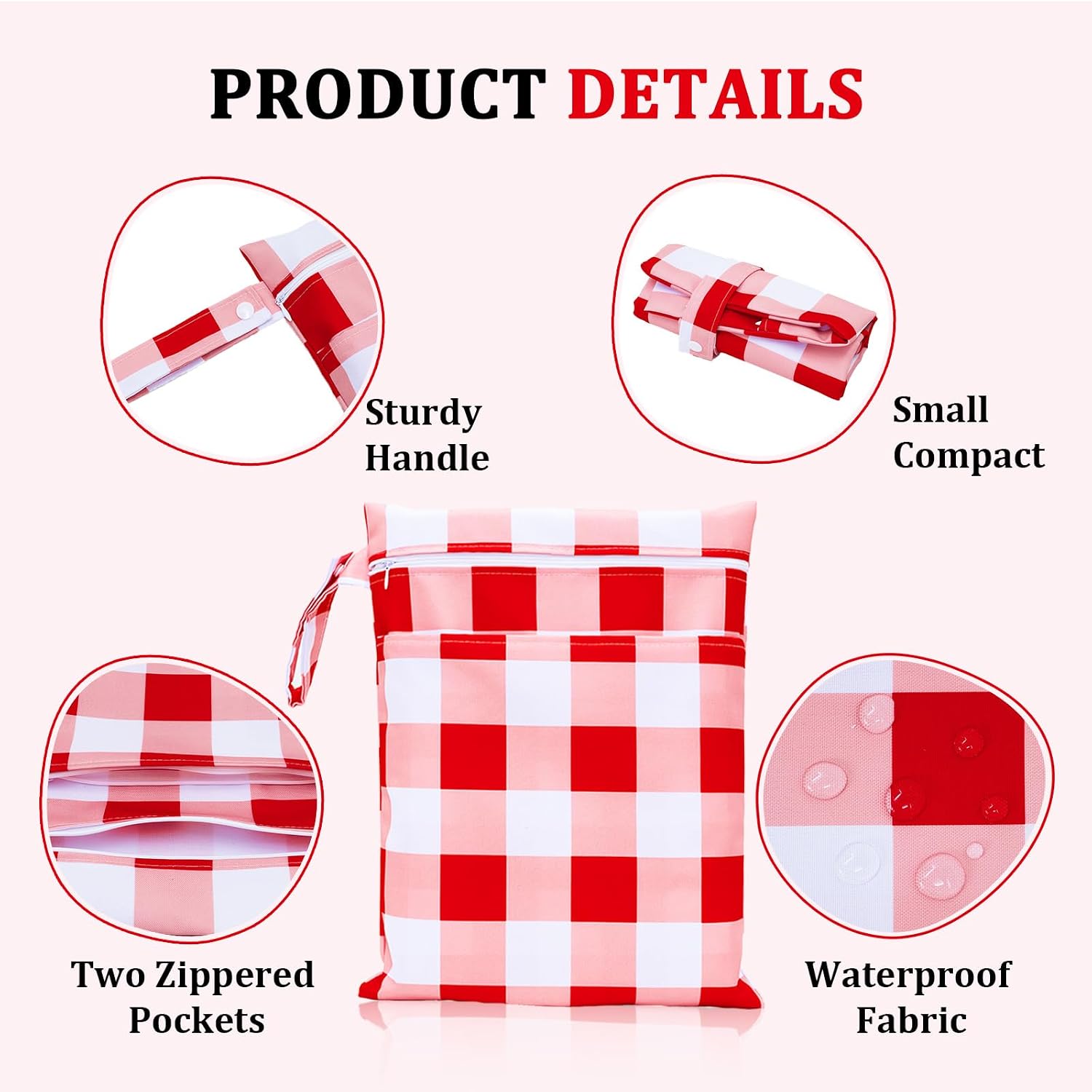 Poise3EHome 2 Pcs Wet Dry Bag for Swimsuit & Cloth Diapers, Red Plaid Waterproof Reusable Dry Bag with Zippered Pocket for Travel, Beach, Pool & Daycare,Portable Organizer for Wet Clothes & Pump Parts