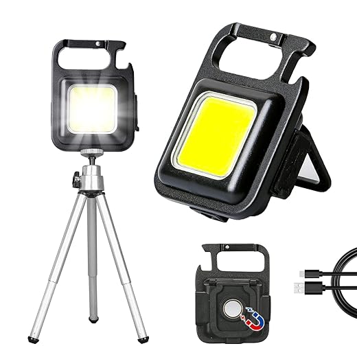 COB Small Flashlights, 1000Lumens Bright Rechargeable Keychain Mini Flashlight 3 Light Modes Portable Pocket Light with Folding Bracket Bottle Opener and Magnet Base for Fishing (Tripod Included)