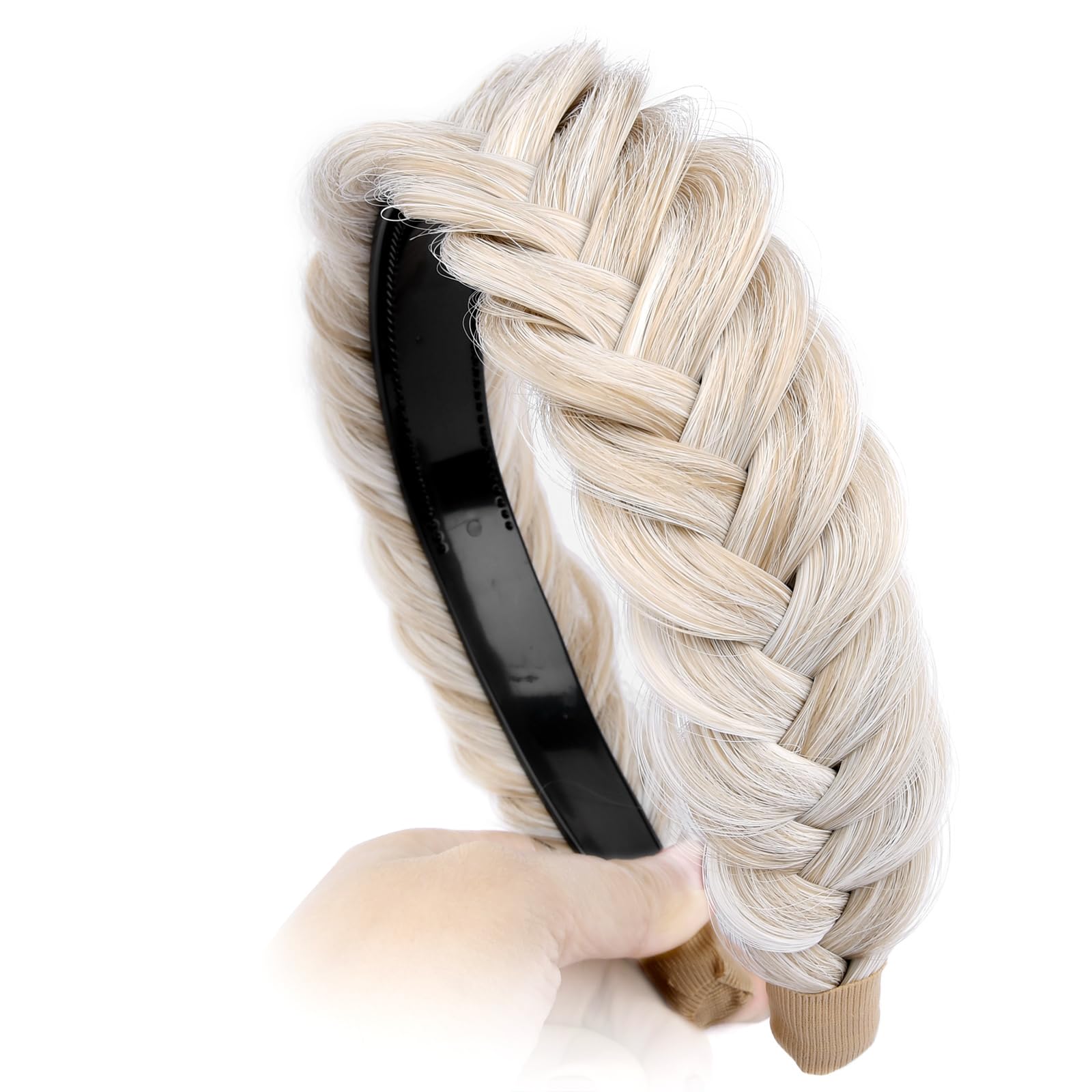 GLEDOLA Wide Messy Braided Headband with Teeth Synthetic Hair Plaited Headband High Elasticity Braids Chunky Fishtail Braided Hair Band Hairpiece for Girls Women (White Blonde) - Image 4