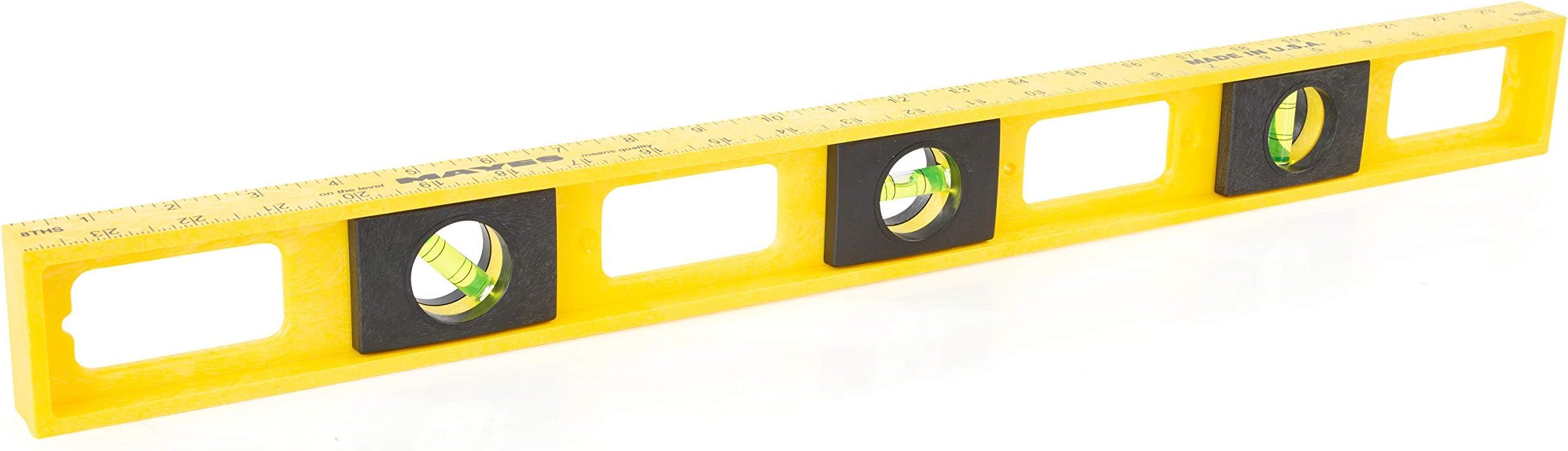 MAYES10101 Polystyrene Level, 24-Inch | Level for Plumbers, Carpenters, Everyone Else | Highly Accurate Leveling Tool | Find Level & Plum with Ease | Rugged Build | Made in U.S.A. | Yellow