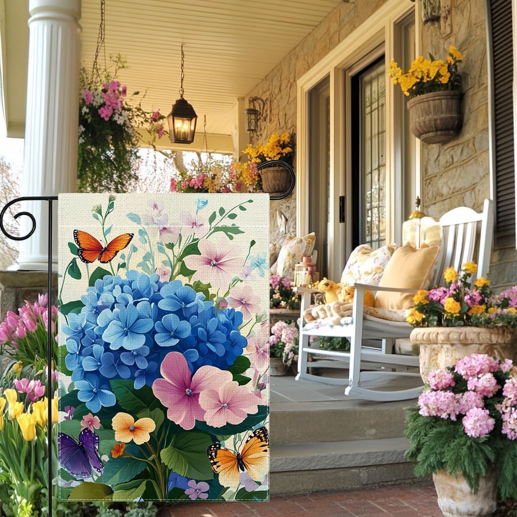 Spring Summer Hydrangea Flowers Garden Flag 12x18 Inch Double Sided Butterfly Colorful Floral Yard Outdoor Flag House Holiday Outside Decoration - Image 6