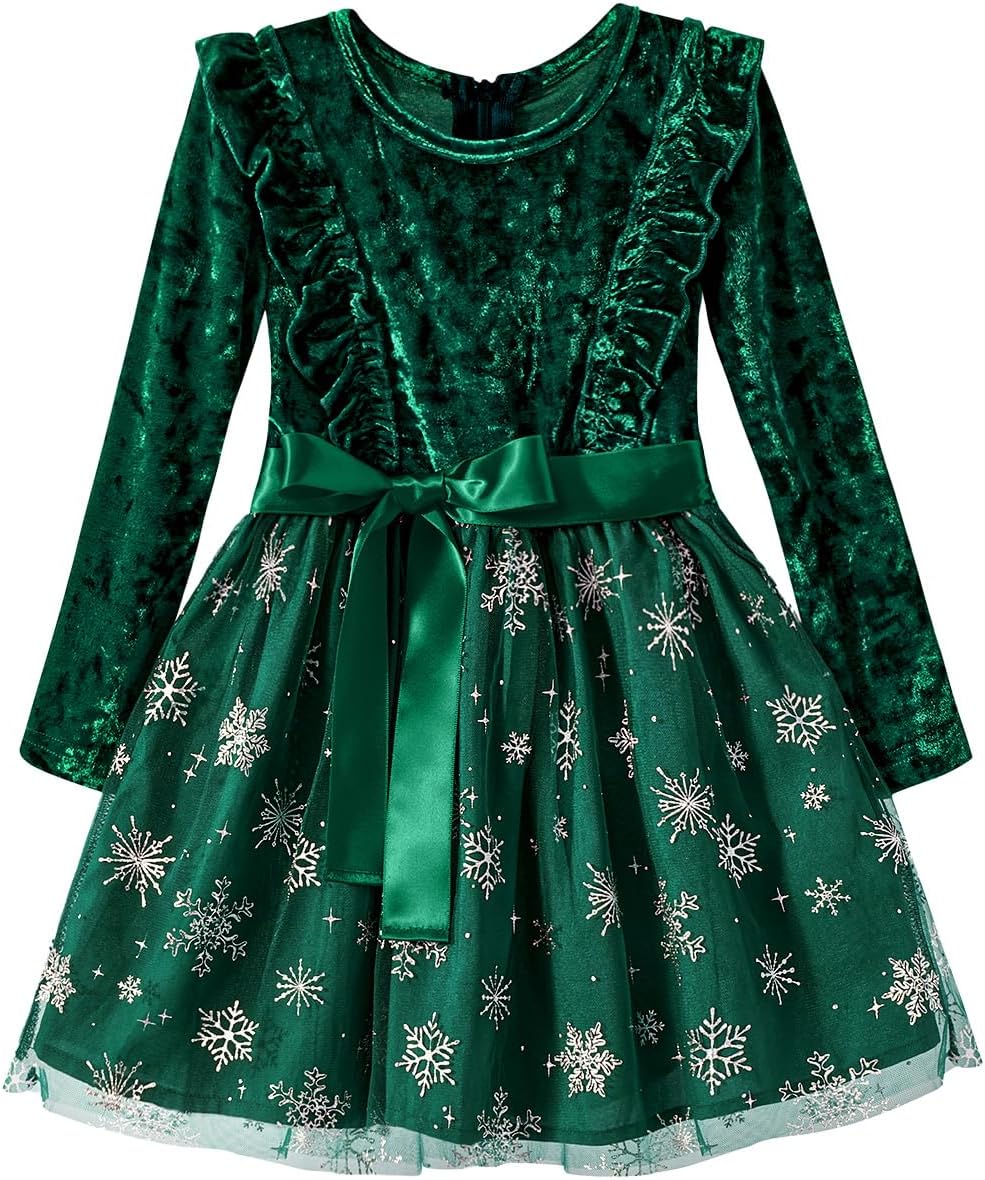 Girls Christmas Velvet Tutu Dresses Long Sleeve Sequin Tulle Dress 6 Months-12 Years