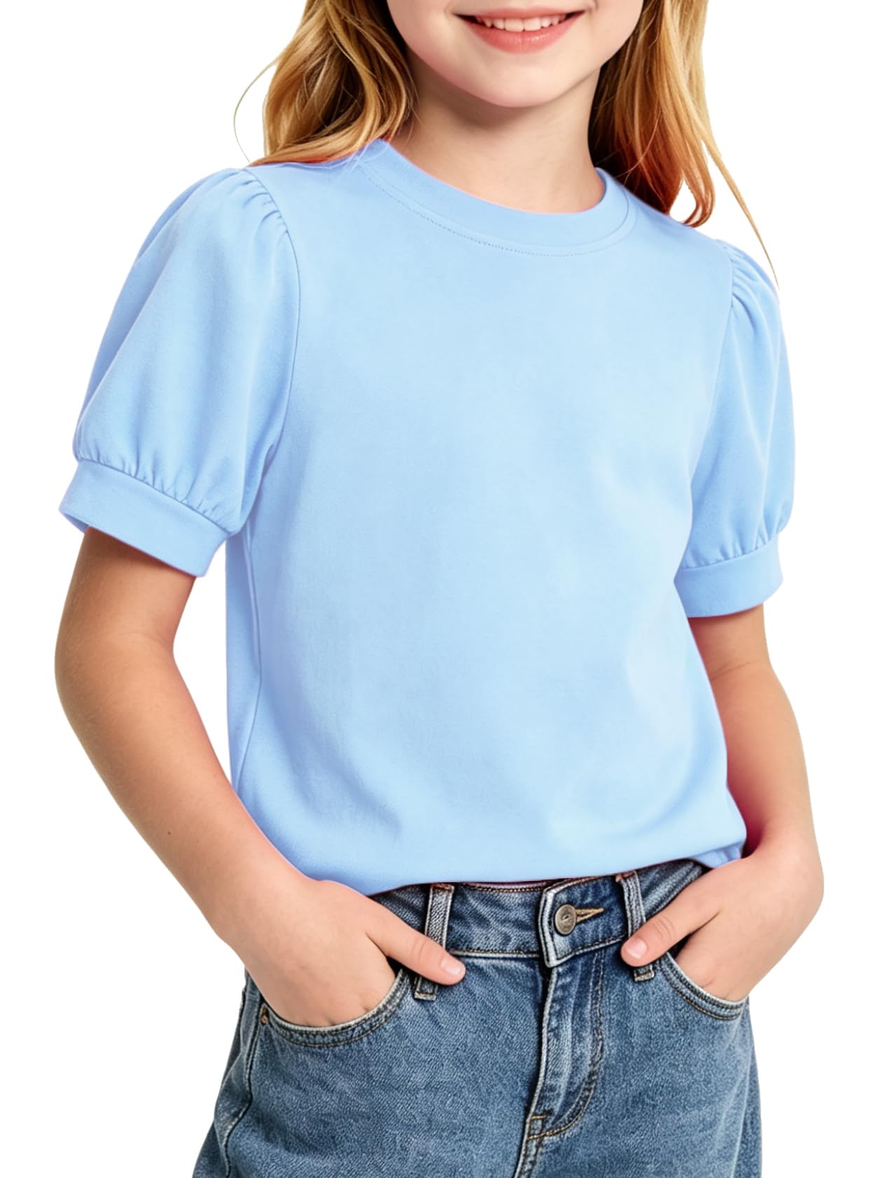 Girls' Puff Sleeve Cotton T-Shirt Cute Summer Tops for Girls