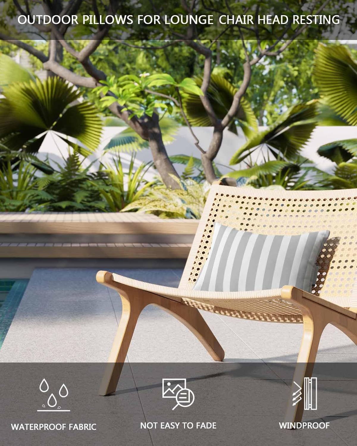 2 Packs Grey Striped Outdoor Chaise Longue Throw Pillow Covers Waterproof with Elastic Band,Beach Pool Pillowcase Cushion Sham With Hidden Zipper White Geometric Vertical Stripes Casual Boho 12x20