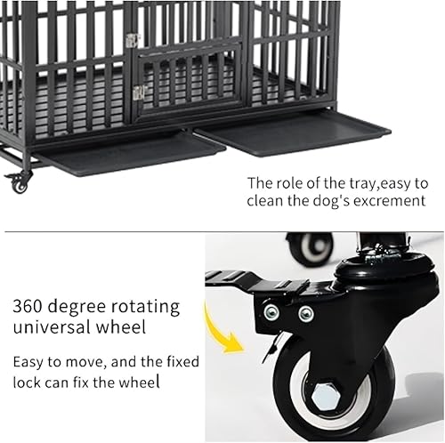 Miniatura 5 de Jaula de perro resistente de 52 pulgadas, jaula grande para perros, perreras y jaulas de metal fuerte para perros grandes con 4 ruedas con cerradura