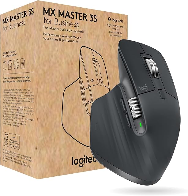 Logitech MX Master 3S for Business, Wireless Mouse with Quiet Clicks, 8K DPI, Secured Logi Bolt USB Receiver, Bluetooth, USB-C charging, MagSpeed Scrolling, Windows/Mac/Chrome/Linux - Grey
