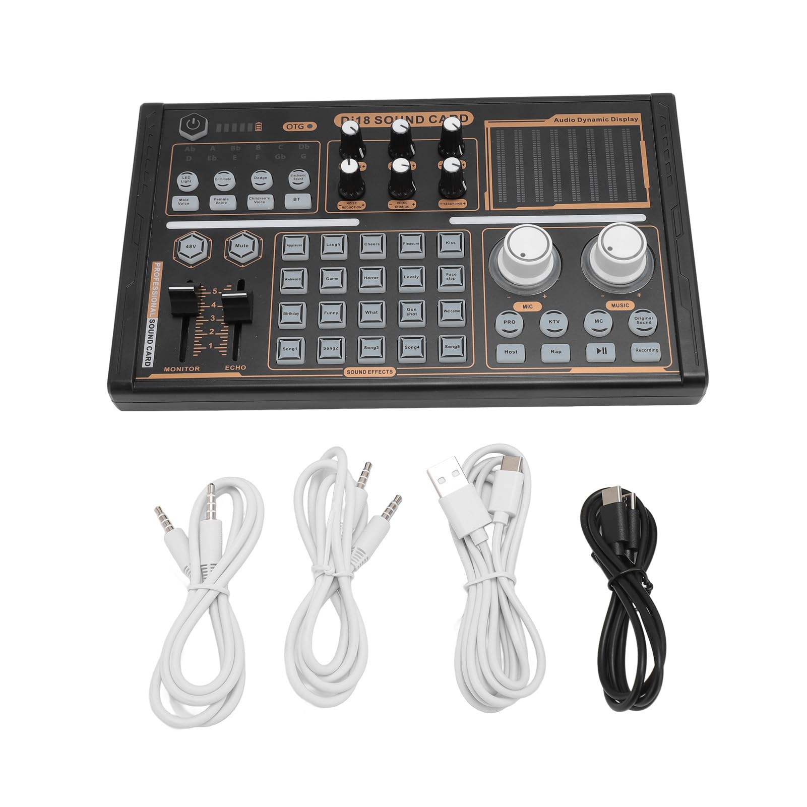 Fockety Professioneller Audiomixer, Live-Soundkarte und Audio-Interface mit Soundeffekten und Sprachwechsler, 48-V-Phantomspeisung-Bluetooth-Soundboard für Podcast-Aufnahmen,Live-Streaming