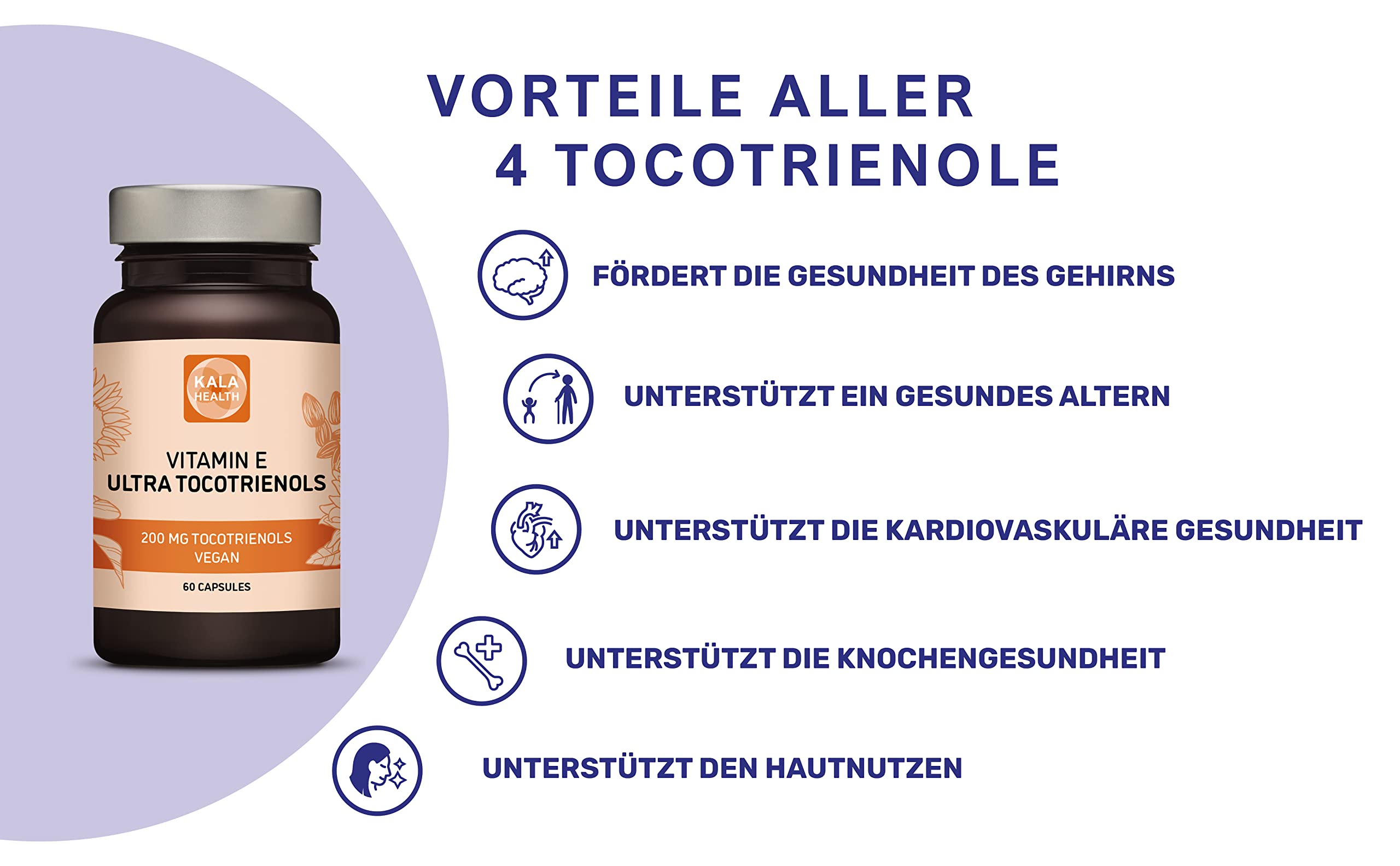 Kala Health Ultra Tocotrienol 200mg Vitamin E Vegan alle 4 Tocotrienole Alpha Tocotrienol +Beta Tocotrienol Gamma Tocotrienol Delta Tocotrienol - Tocotrienol-Komplex