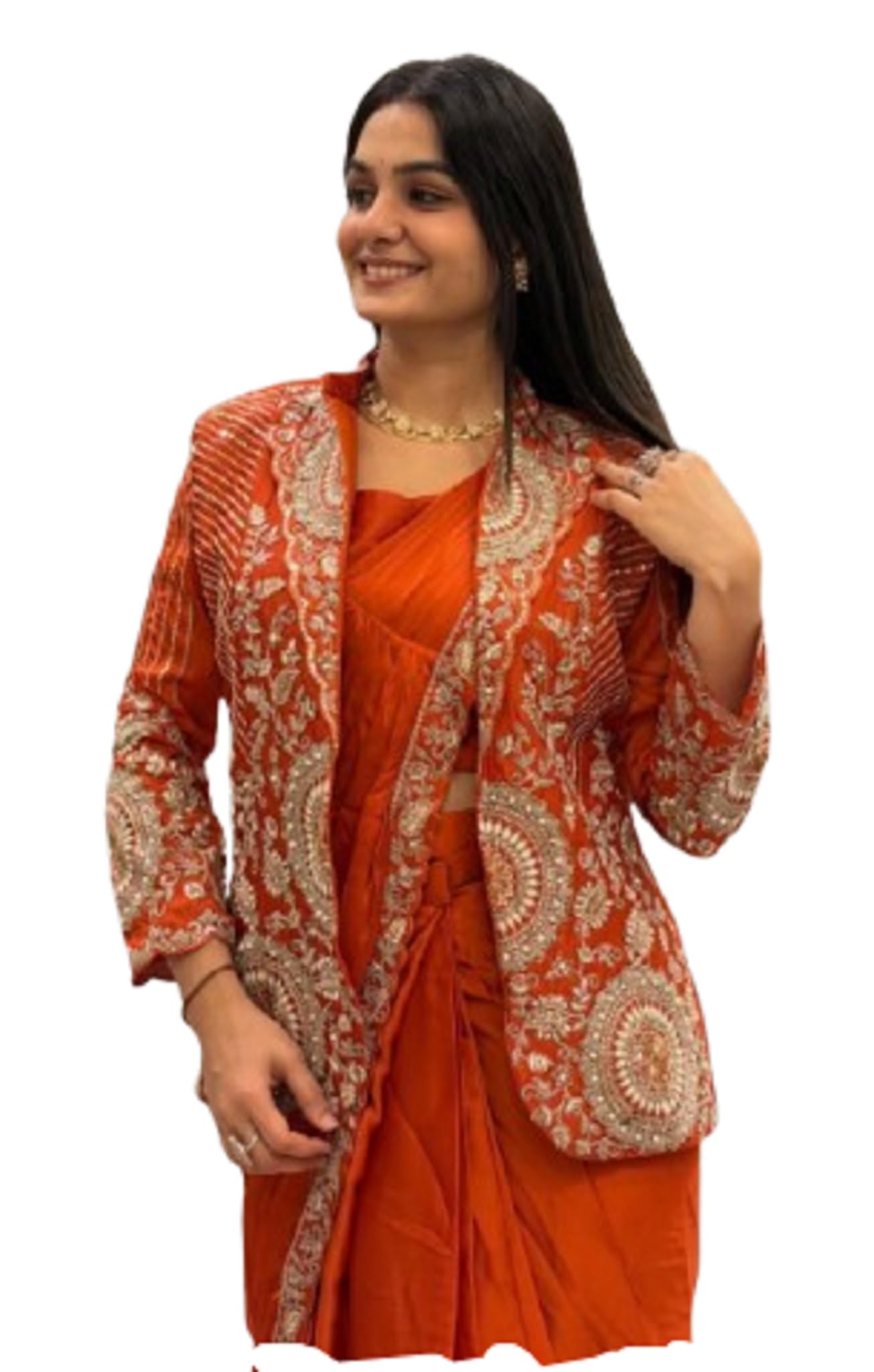 Lehenga Choli Indo-Western Draped Set For Womens And Girls Ready To Weear Heavy Silk Fabric With Work Multi Thread Embroidery Coding wedding indowestern Wedding Saree koti Orange-image-43