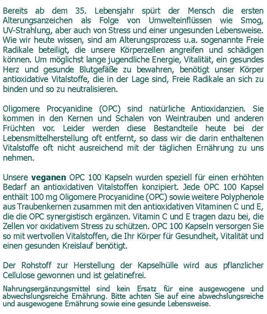OPC 100 mg vegane Kapseln 200 Stk - Oligomere Procyanidine aus Traubenkernen plus Vitamin C und E - gegen freie Radikale