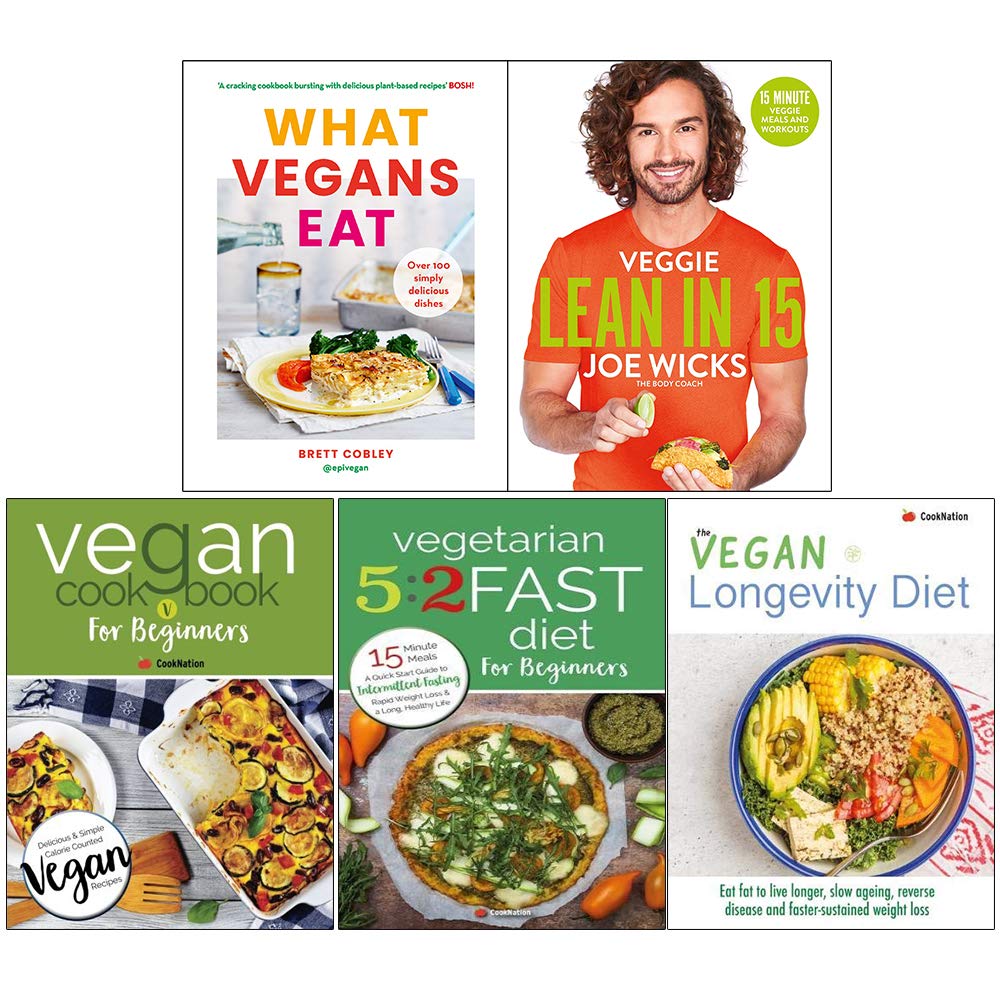 What Vegans Eat [tapa dura], Veggie Lean in 15, libro de cocina vegano para principiantes, dieta rápida vegetariana 5:2, dieta vegana de longevidad, juego de colección de 5 libros