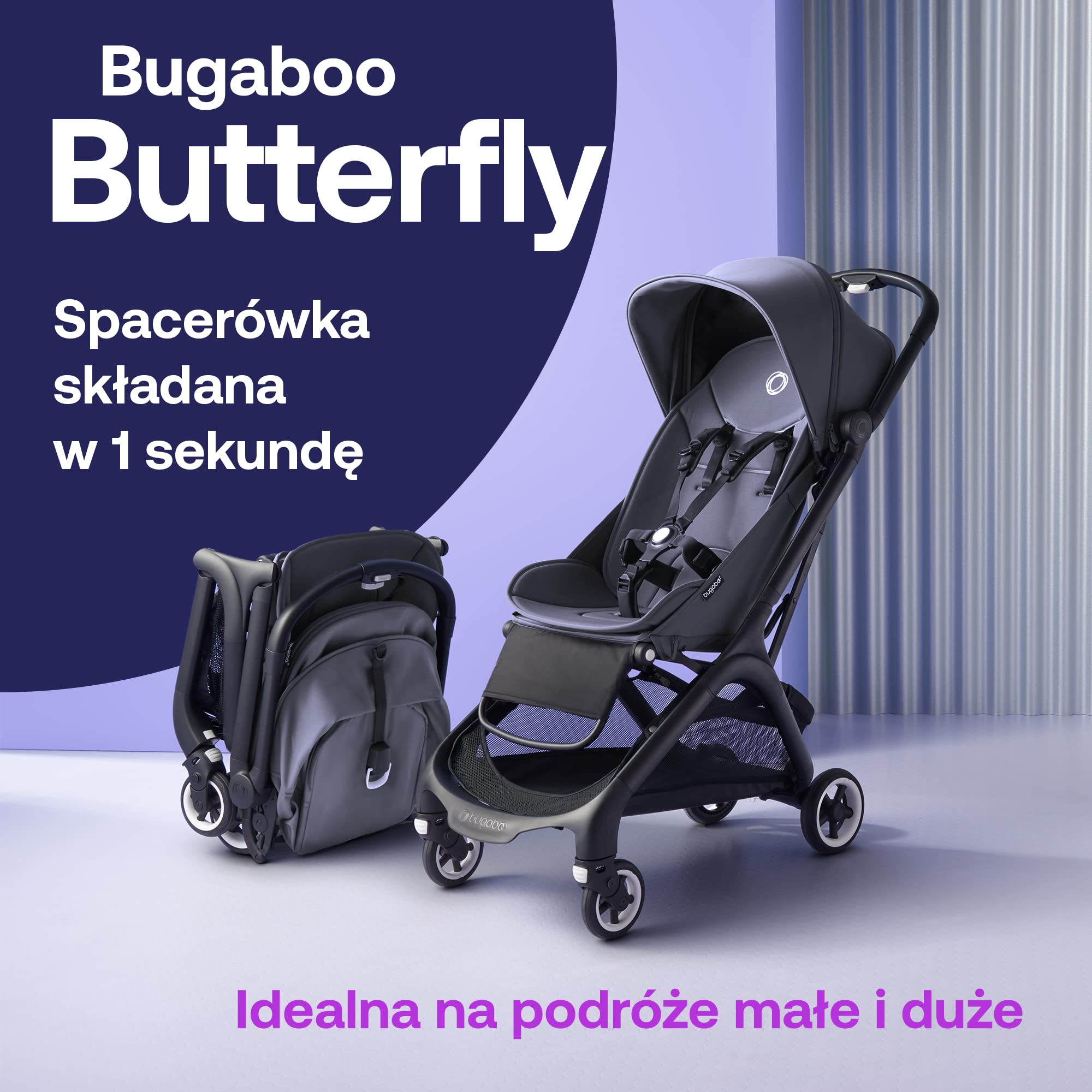 Bugaboo Butterfly Ultra Kompaktowy Dziecięcy Wózek Podróżny, Lekki, Mały i Poręczny, 1-Sekundowe Składanie Jedną ręką, Ergonomiczny, Pojemny, Łatwe Manewrowanie Jedną ręką, Stormy Blue