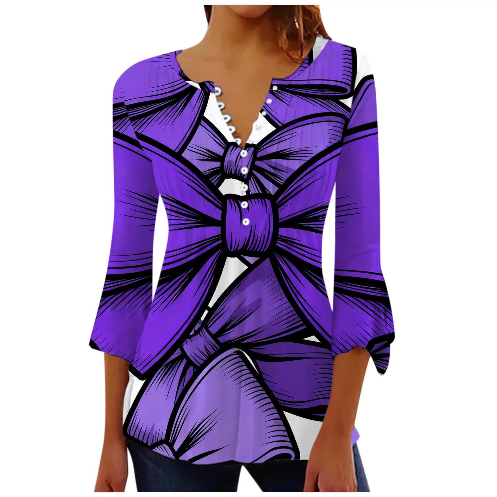Camicetta da donna con scollo a V e maniche a 3/4, con stampa grafica con grande fiocco, vestibilità larga, stile retrò, casual, per tutti i giorni, ufficio, lavoro, feste