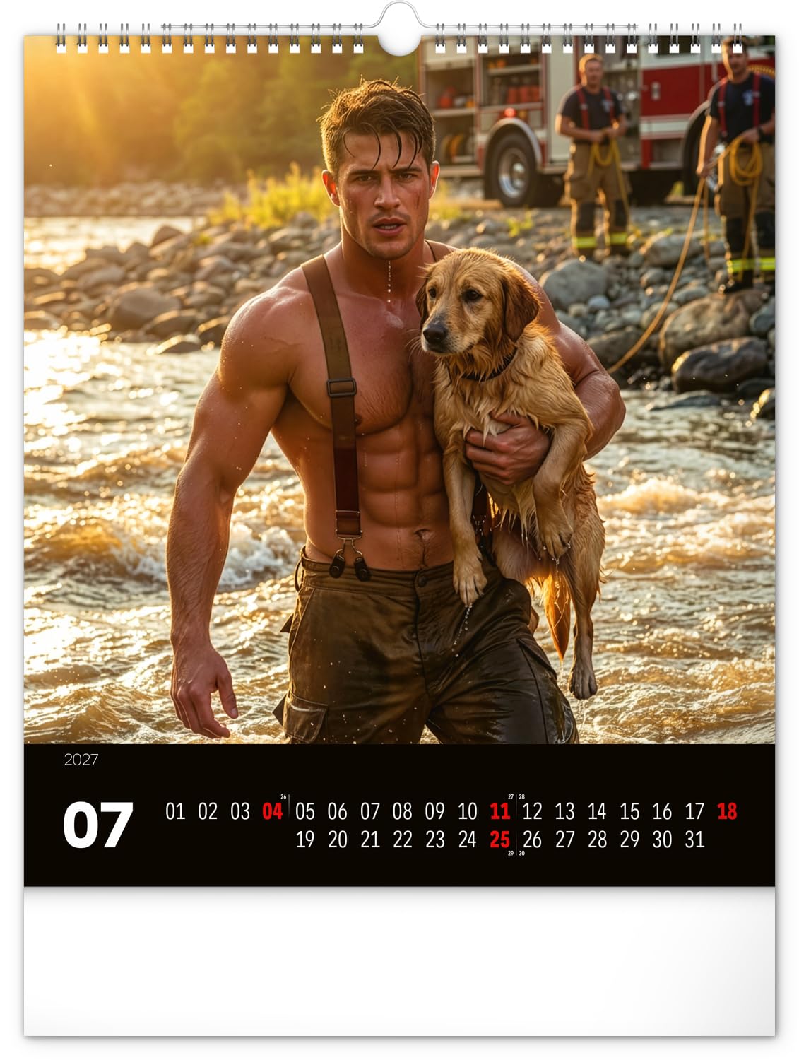 Calendrier spirale 2027 Sexy Homme Pompier Firefighter format 30x34cm (ps) + offert un agenda de poche