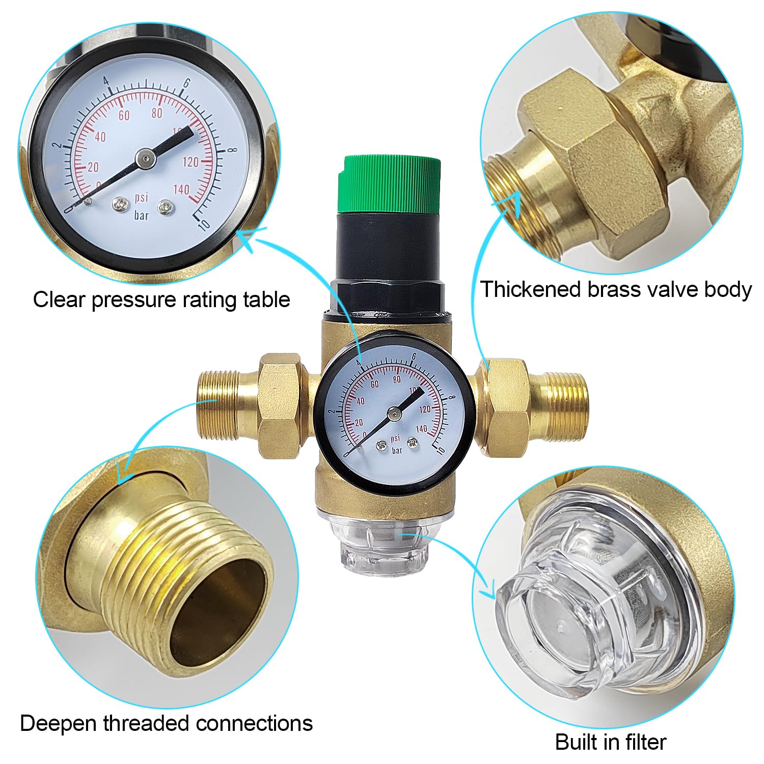 3/4 de Pulgada Regulador Presion Agua, Latón Engrosado Ajustable Regulador de Presion Agua, Reductor de Presion de Agua Con Filtro y Manómetro, Adecuado para Residencias, Edificios y Fábricas