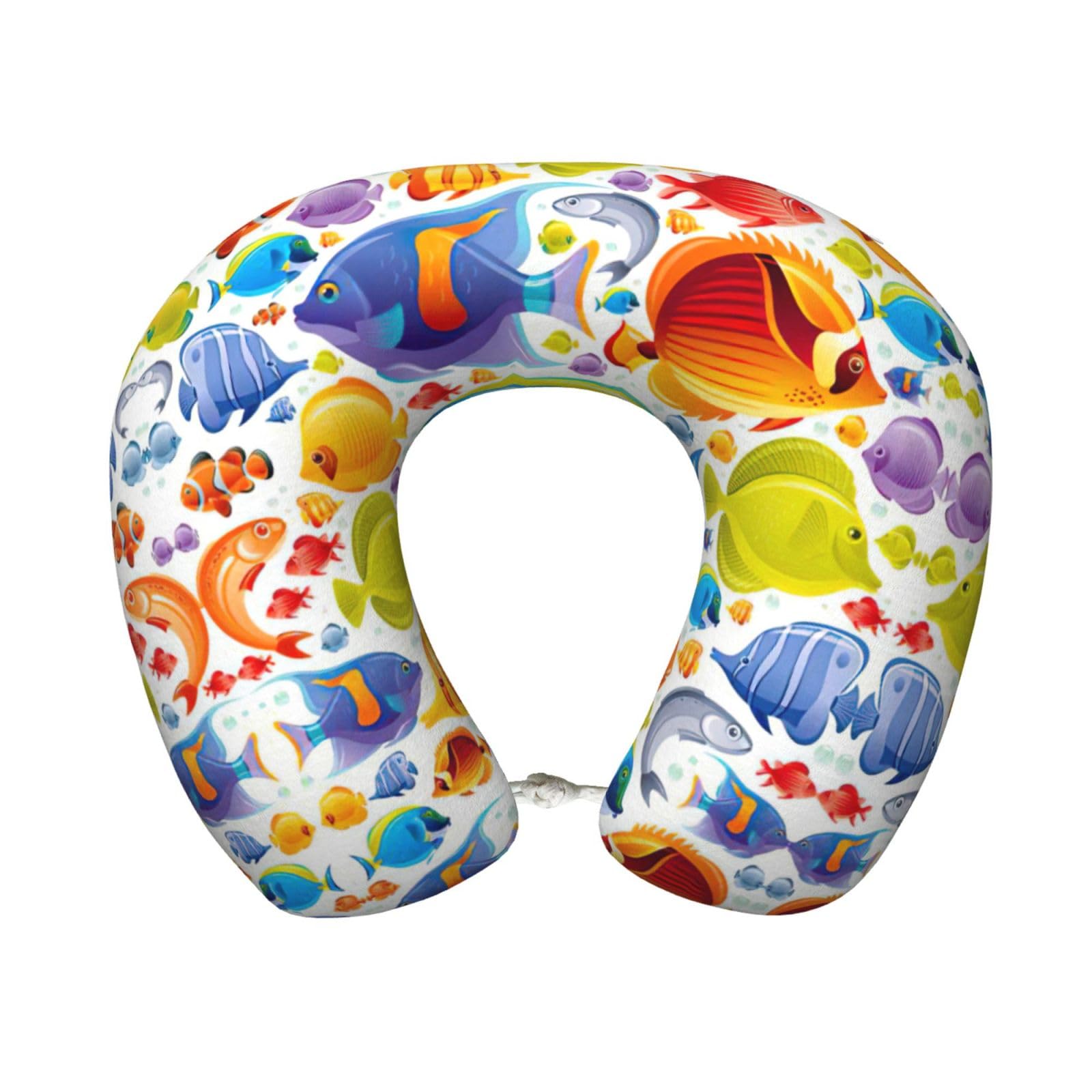 ASFgda U-Shape Memory Foam Cartoon Fish Print Travel Pillow,Neck Support,Washable Cover For Airplane Car Home Office