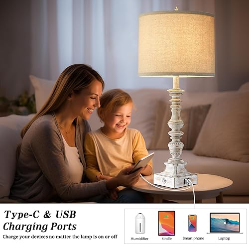 Miniatura 3 de Juego de 2 lámparas de mesa estilo granja para dormitorio, vintage, de 3 vías, regulables, con control táctil, lámparas de mesita de noche para sala