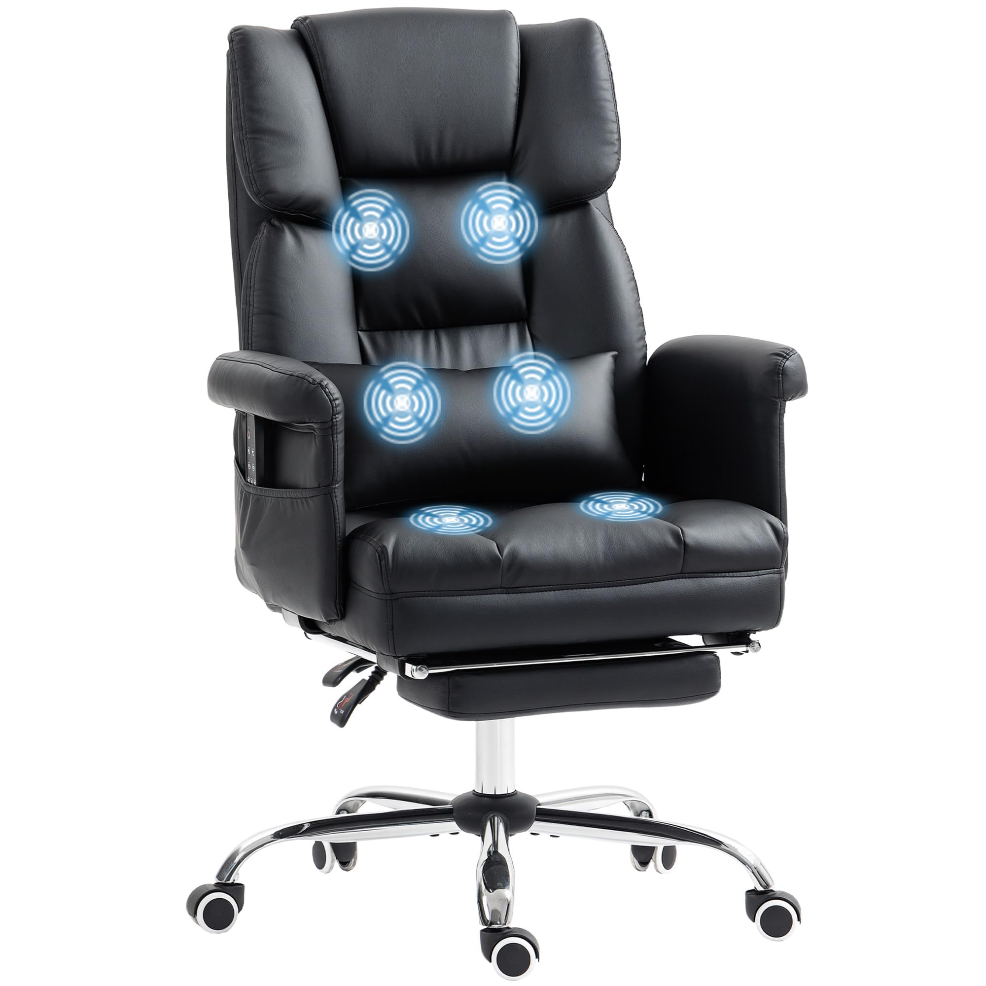 HOMCOM Silla de Oficina de PU 6 Puntos de Masaje Vibratorio Negro | Silla de Escritorio Giratoria Ergonómica, Reposapiés Retráctil, Altura Ajustable, Control Remoto, Soporte Lumbar