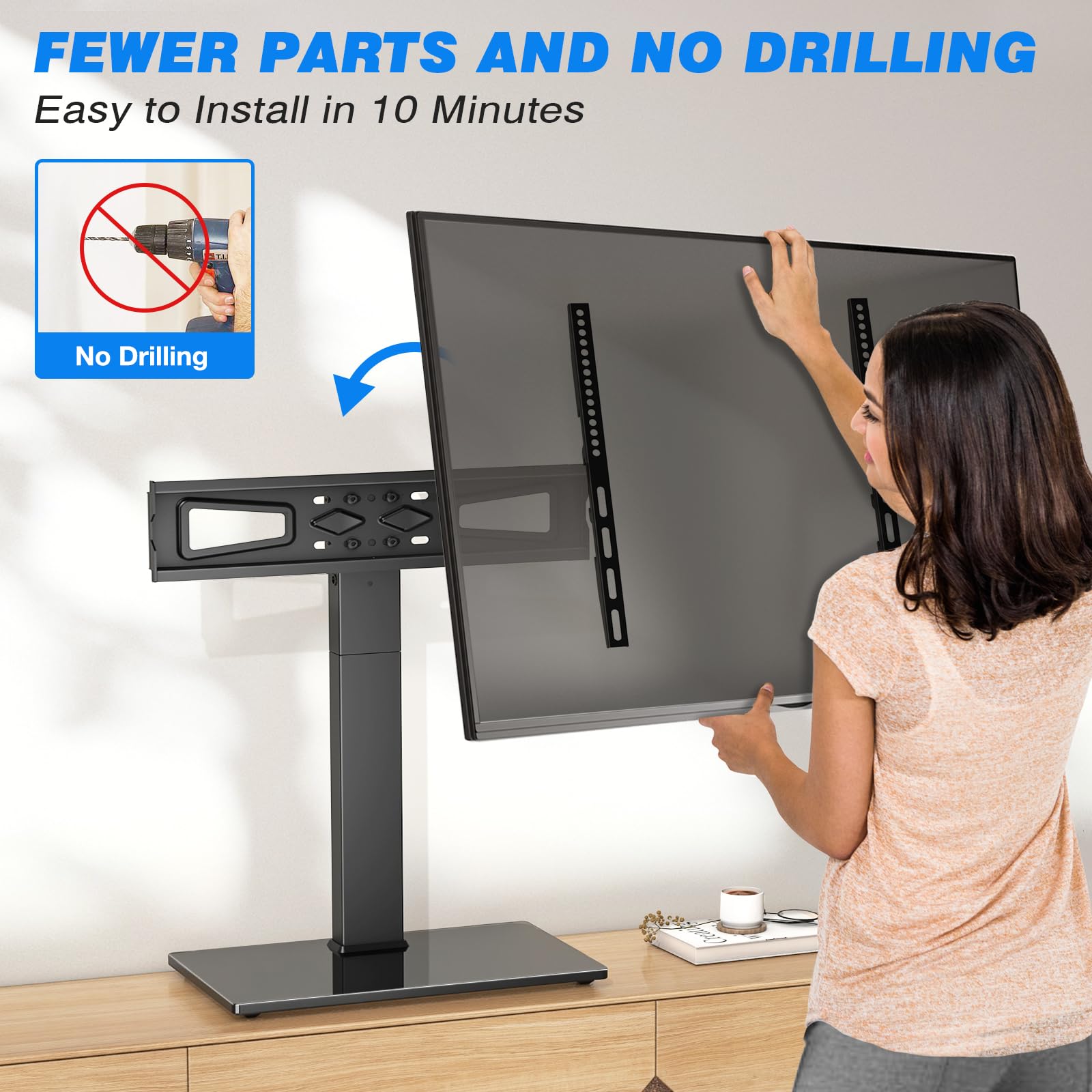 Supporto TV da Tavolo 5Rcom per TV 32-70 Pollici, Portata 40KG, Base in Vetro Temperato Regolabile in Altezza, Supporto Universale per Soggiorno/Camera, VESA Max 400x400mm