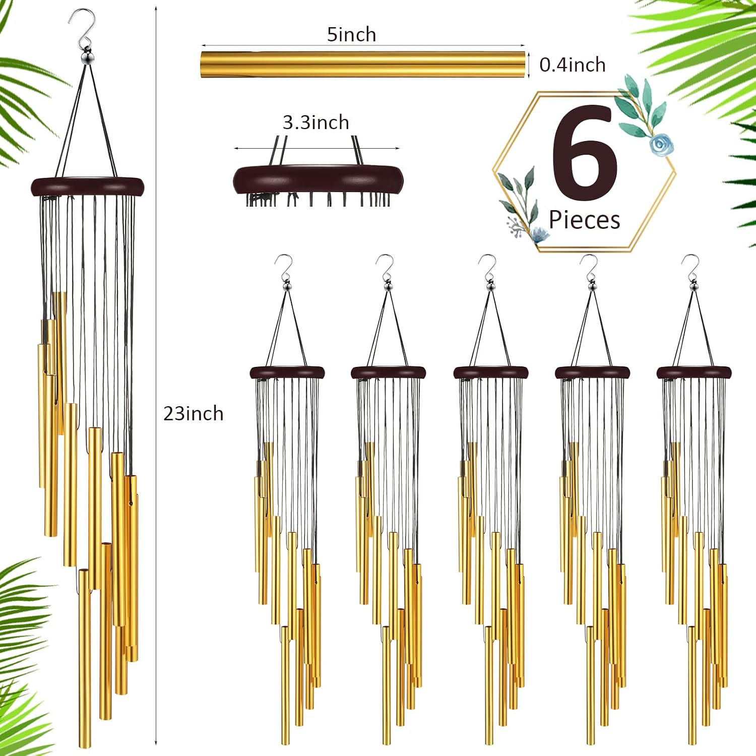 6 Pieces 28 Deep Tone Memorial Wind Chimes with 6 Aluminum Tubes Gold Aluminum Tubes Soothing Melody for Outdoor Garden Patio Home Farmhouse Decor