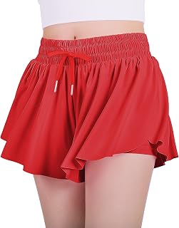 JOCMIC Girls Flowy Shorts, 2 in 1 Preppy Butterfly Shorts with Spandex Liner for Cheer Athletic Gym Teens Casual Clothes