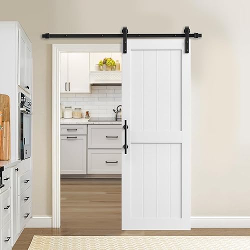 YITAHOME Puerta de granero de 30 x 84 pulgadas con kit de herrajes y asas de 5 pies, puerta corrediza de granero con agujeros preperforados para una