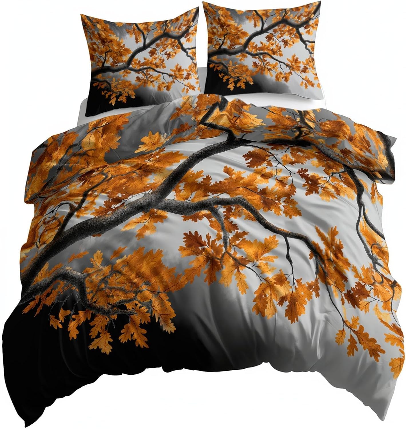 Parure de lit 1 personne feuilles d'automne motif texturé d'arbres 3 pièces D-87