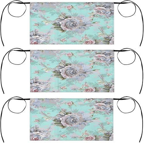 Foldable Rose Bouquet 3 Pack Server Aprons with 3 Pocket Waterproof Womens Half Waist Aprons for Cooking Dishwashing Kitchen Gardening Salon