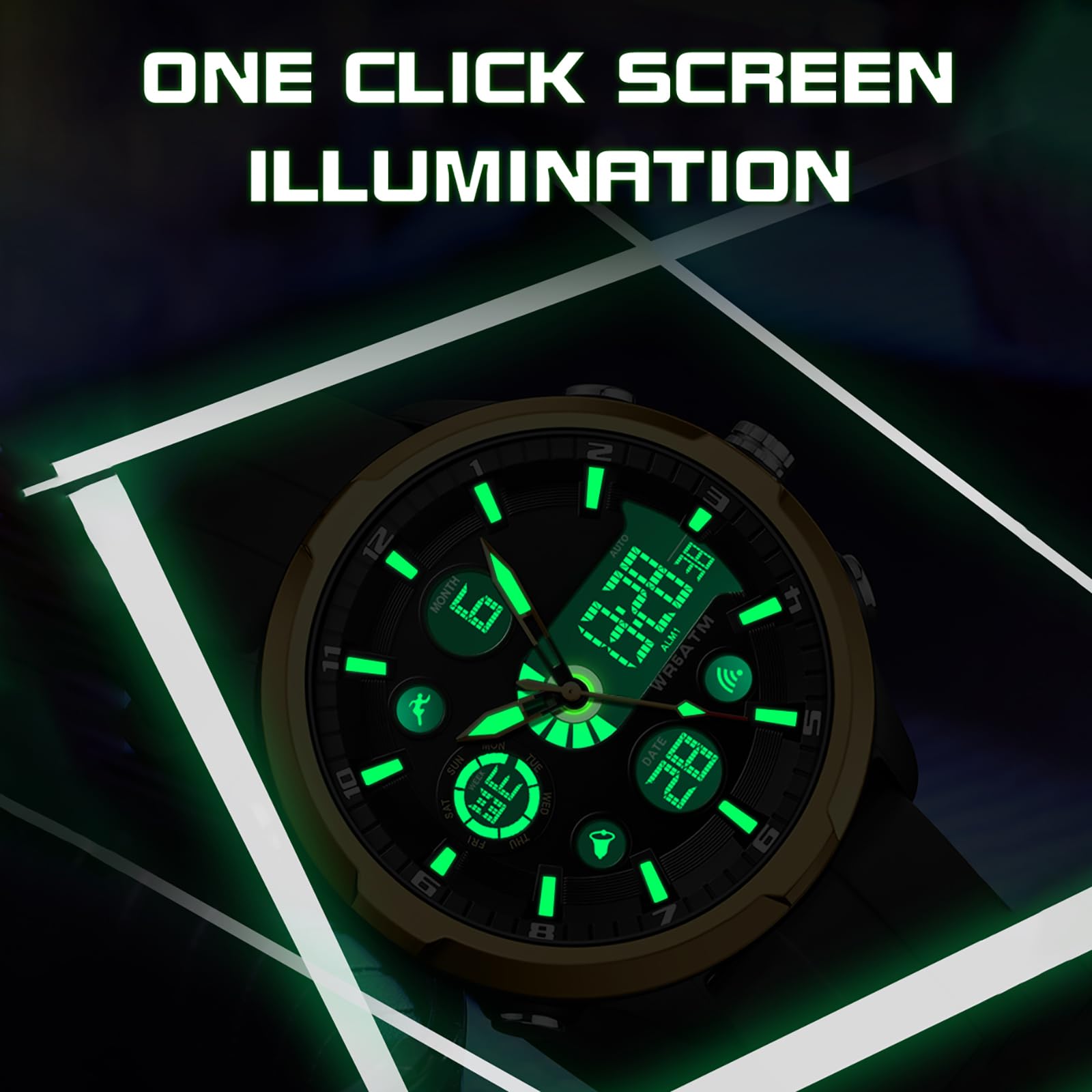 findtime Montre de sport numérique étanche pour homme, alarme, chronomètre, veilleuse, alertes horaires, grand cadran en silicone, montre militaire pour gym, natation, course à pied, utilisation
