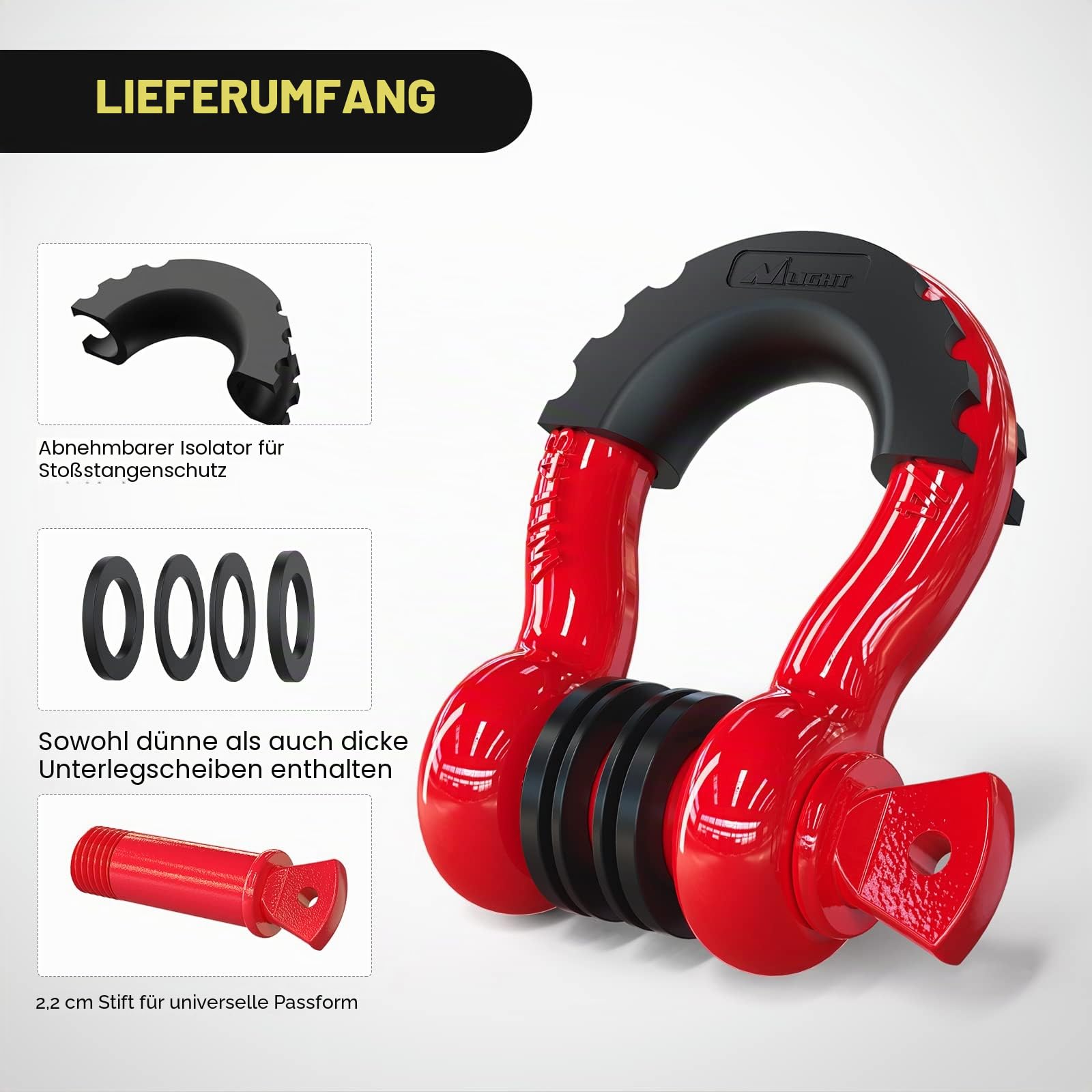 Nilight 90053B D-Ring-Schäkel, 4,75 Tonnen Kapazität mit 2,2 cm Stift, robuster Off-Road-Bügelschäkel mit Isolatoren und Unterlegscheiben-Kit für Jeep, LKW, Fahrzeug, Rot (90053B)
