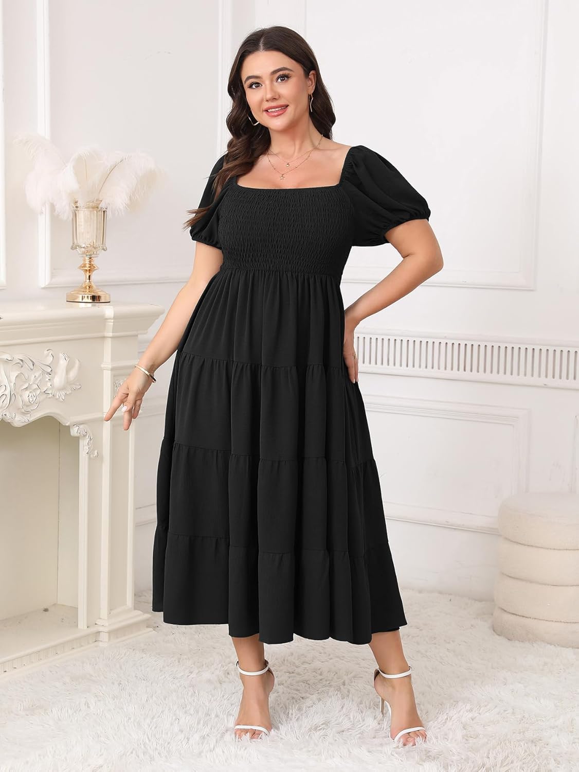 Womens Plus Size Casual Dress Short Puff Sleeve Square Neck Smocked Tiered Summer A Line Flowy Long Maxi Dresses - Image 7