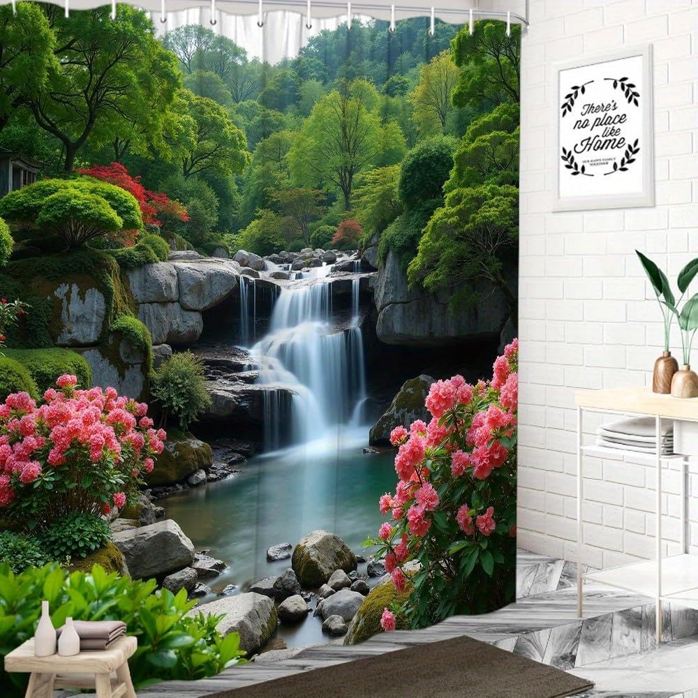 Rideaux de douche cascade 115x220cm motif plantes vertes jardin