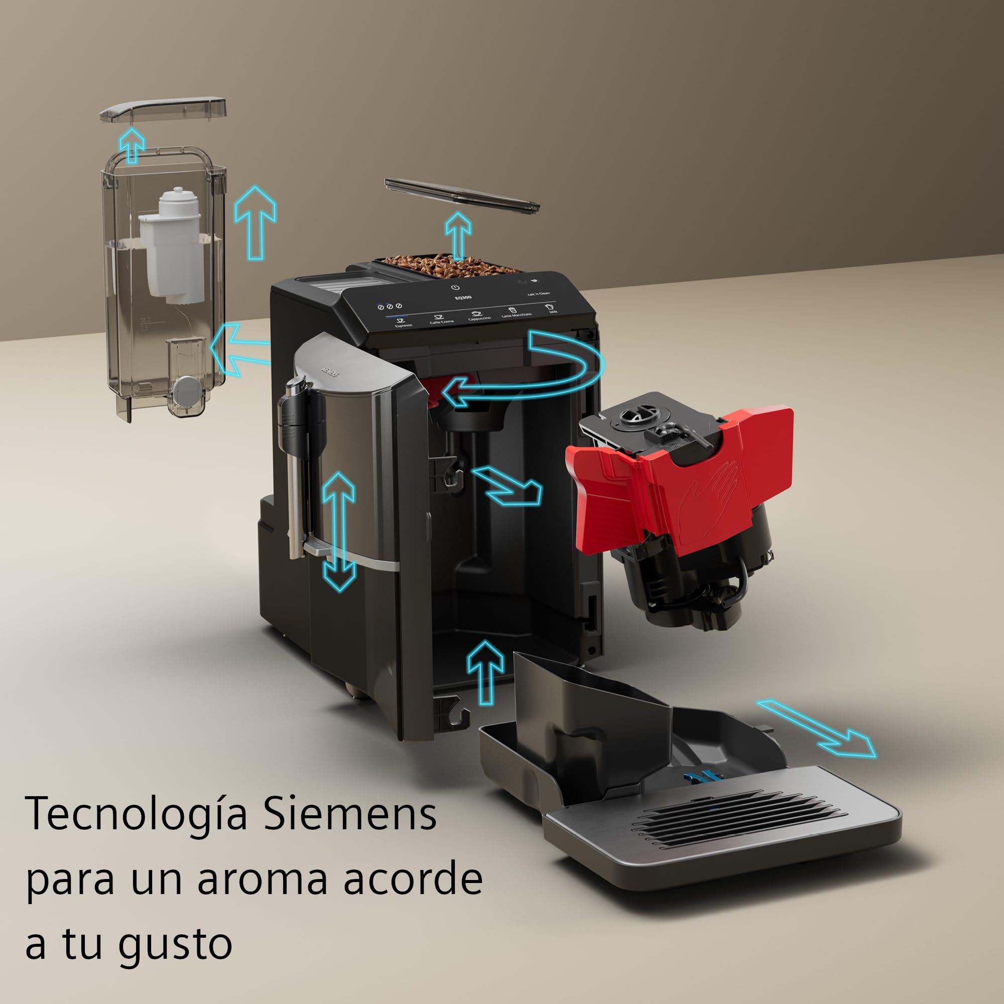 SIEMENS - Cafetera superautomática, EQ300, molinillo cerámico,espumador de leche, función oneTouch, negro, TF301E19